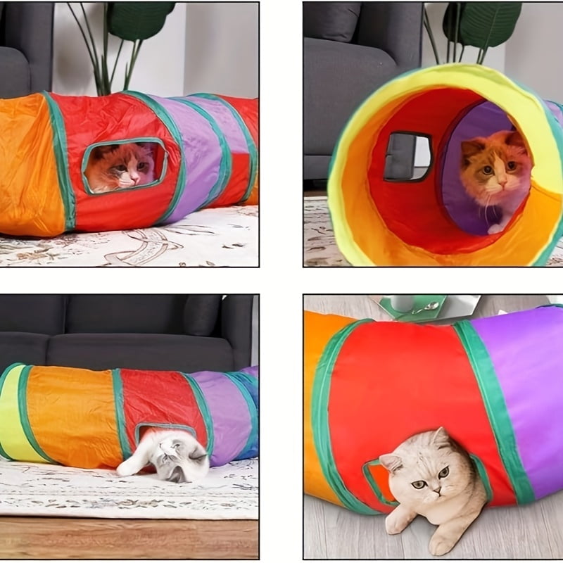 [Rainbow Cat Tunnel] 3-Way Collapsible Cat Tunnel - S-Shaped Tubes With Ball & Peek Holes - Rainbow Colors, Foldable Design And Connectable
