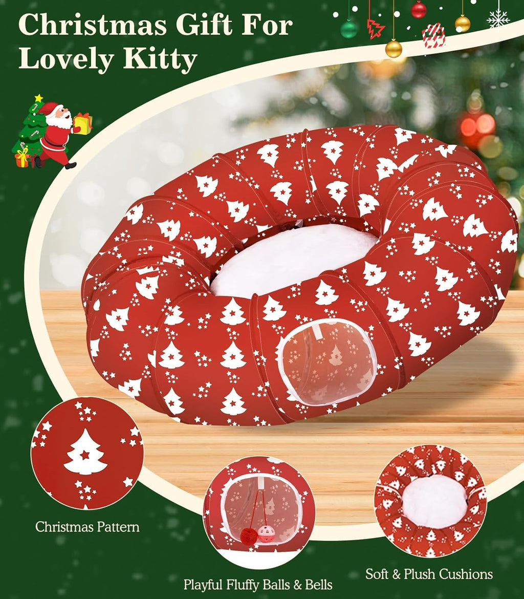 Pawaboo Cat Tunnel Bed Under Christmas Tree, 35.4'' Christmas Cat Toy Circle Tunnel with Toy Ball, Decorative Christmas Festive Foldable Kitty Tube Tunnel for Cat Small Animal (Red Xmas Tree)