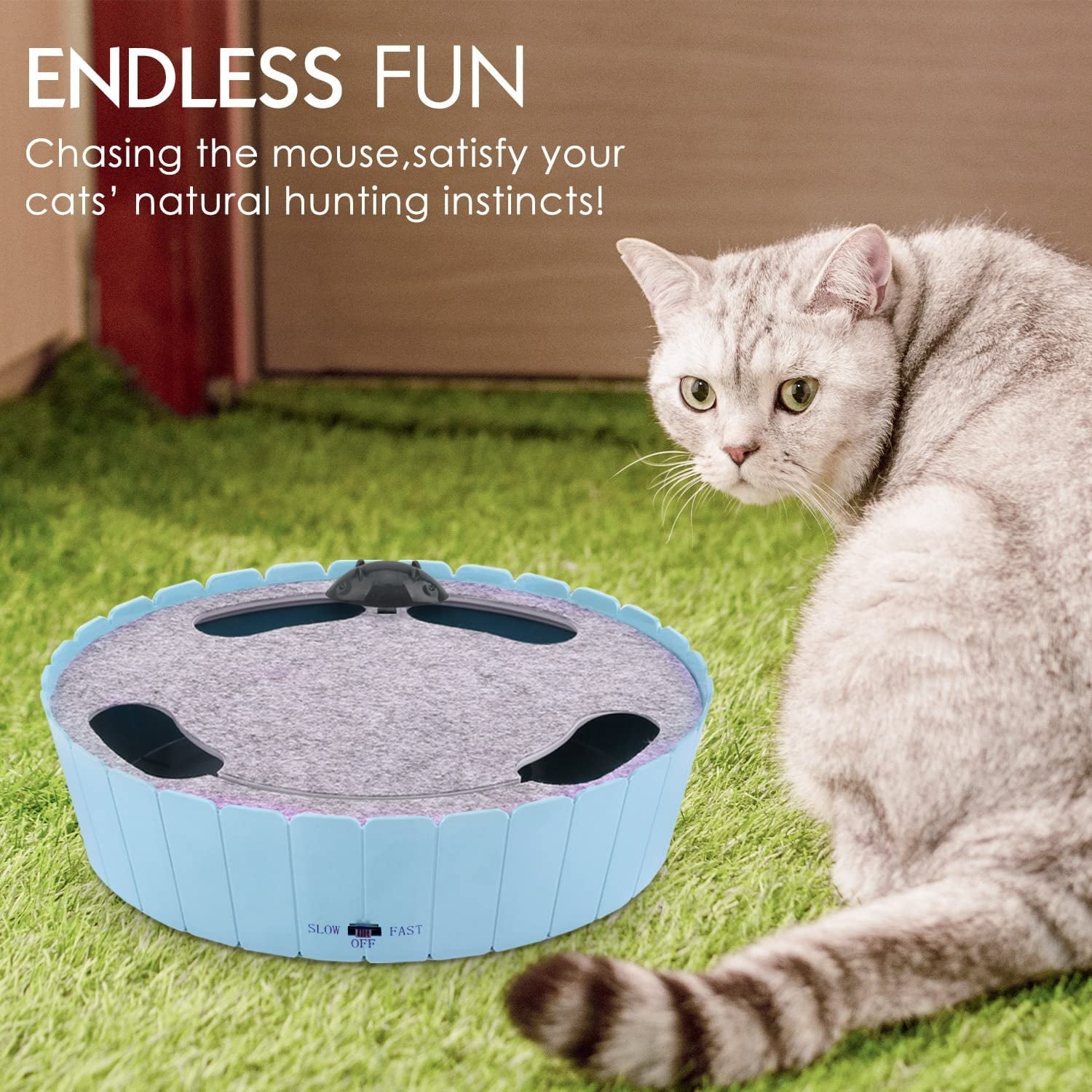 Pawaboo Cat Toy with Running Mouse, Motion Cat Toy Teaser for Indoor Cats, Pop and Play Hide Seek Cat Toy Hunting Mouse for Pet Cat Kitten Play Fun Exercise, Blue