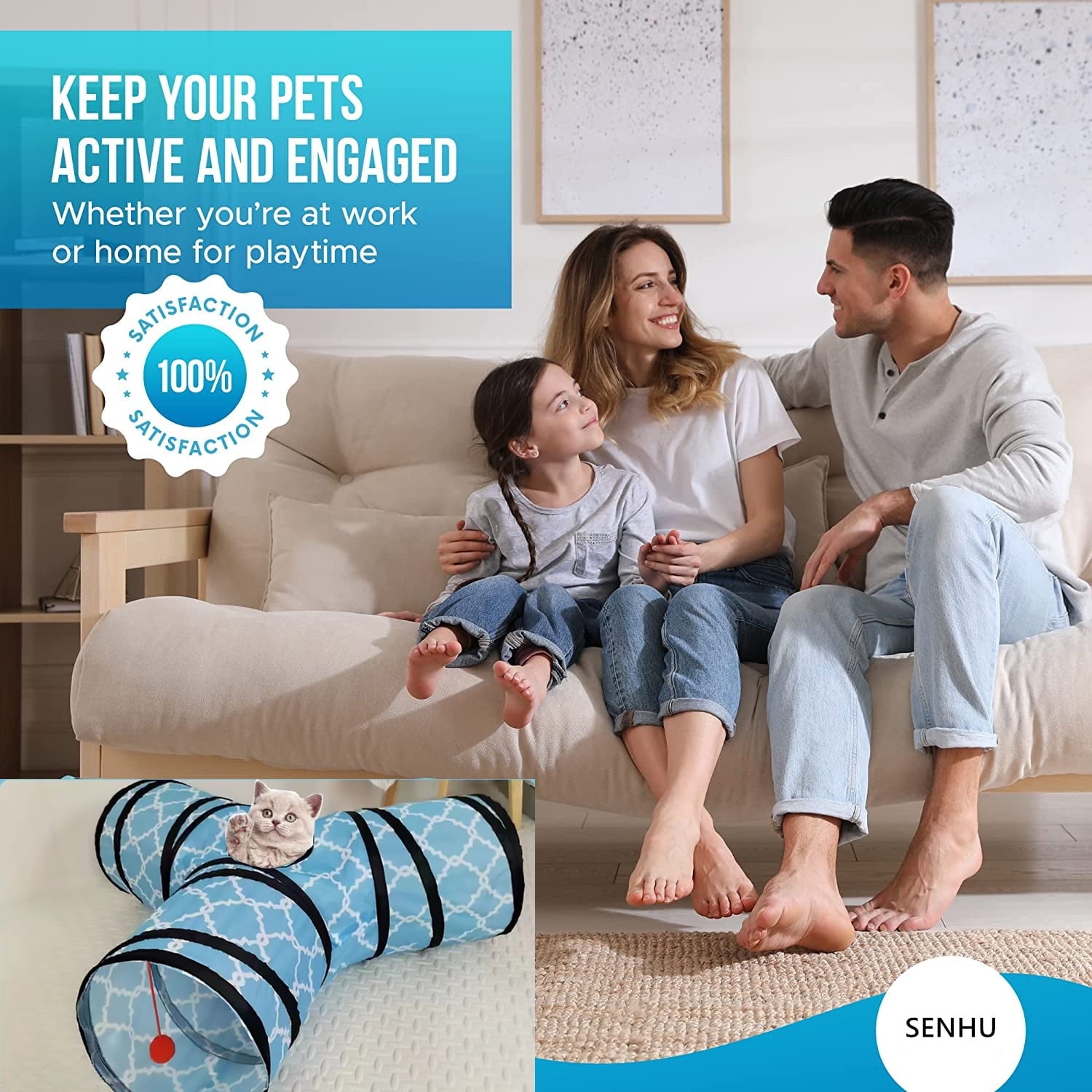 Senhu Pet Cat Tunnel Tube Cat Toys 3 Way Collapsible, Cat Tunnels for Indoor Cats，Kitty Tunnel Bored Cat Pet Toys Peek Hole Toy Ball Cat, Puppy, Kitty, Kitten, Rabbit, Blue