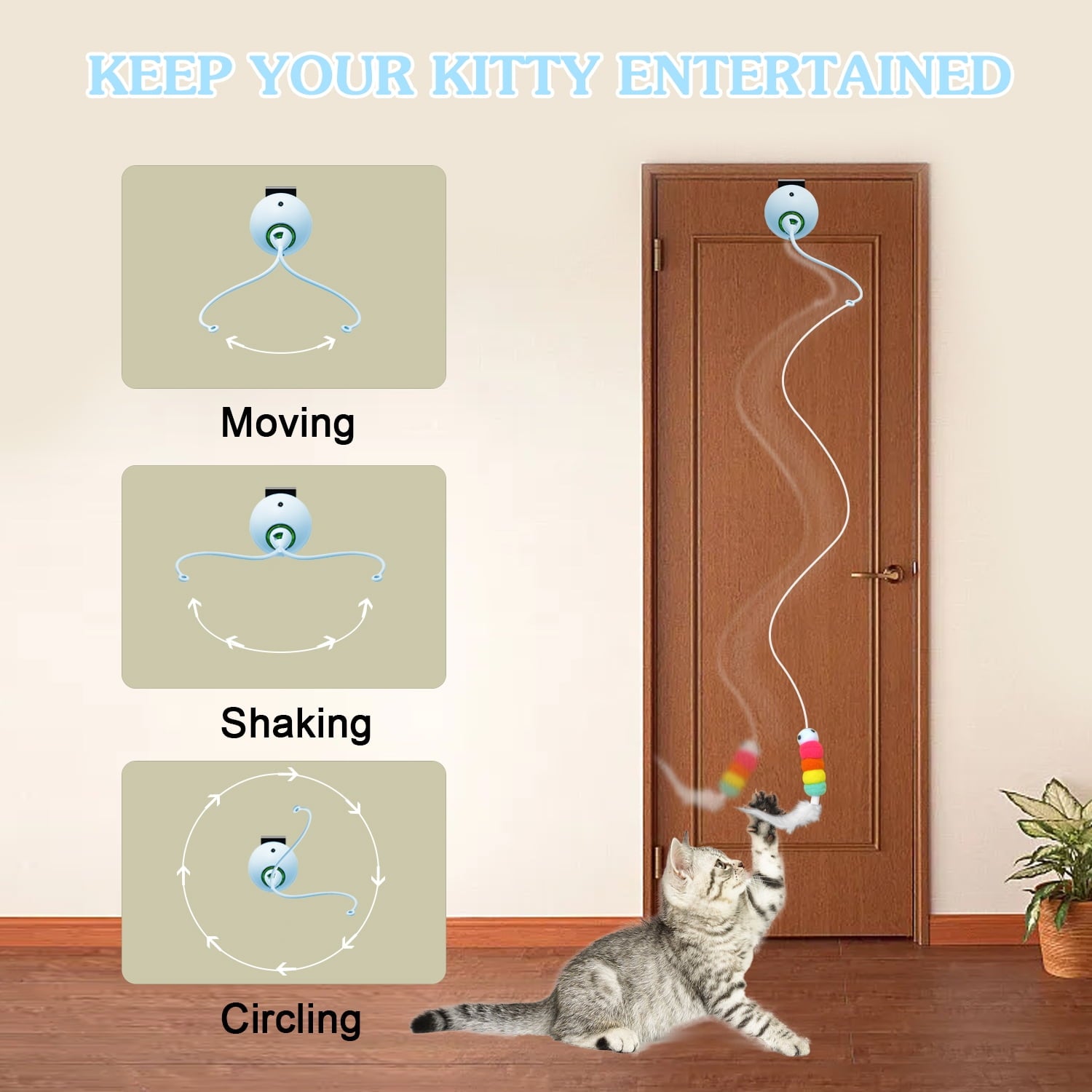 Lvelia Cat Toys Hanging Door Automatic Cat Toy Interactive Elastic Rope with Feather,Cat Catching Game Door Hanger,Self Play Cat Toys,Blue