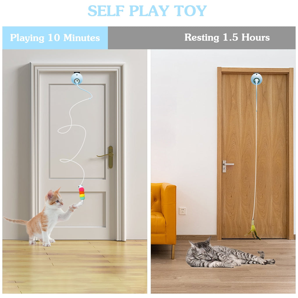 Lvelia Cat Toys Hanging Door Automatic Cat Toy Interactive Elastic Rope with Feather,Cat Catching Game Door Hanger,Self Play Cat Toys,Blue