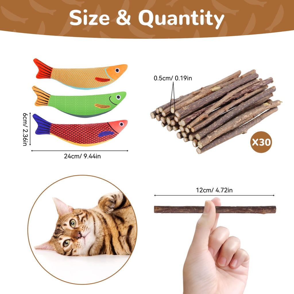sixwipe  30 Pcs Silvervine Sticks for Cats, 3 Pack Cat Toys Saury Fish, Catnip Chew Toys, Catnip Crinkle Sound Toys Soft and Durable, Cat Chew Toys Wooden Stick for Cats of All Ages