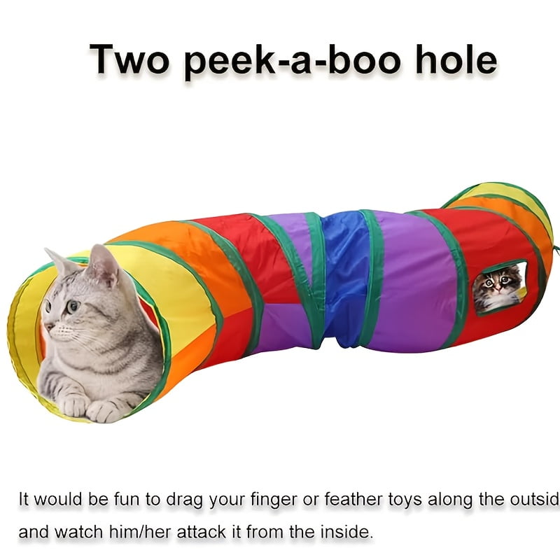[Rainbow Cat Tunnel] 3-Way Collapsible Cat Tunnel - S-Shaped Tubes With Ball & Peek Holes - Rainbow Colors, Foldable Design And Connectable