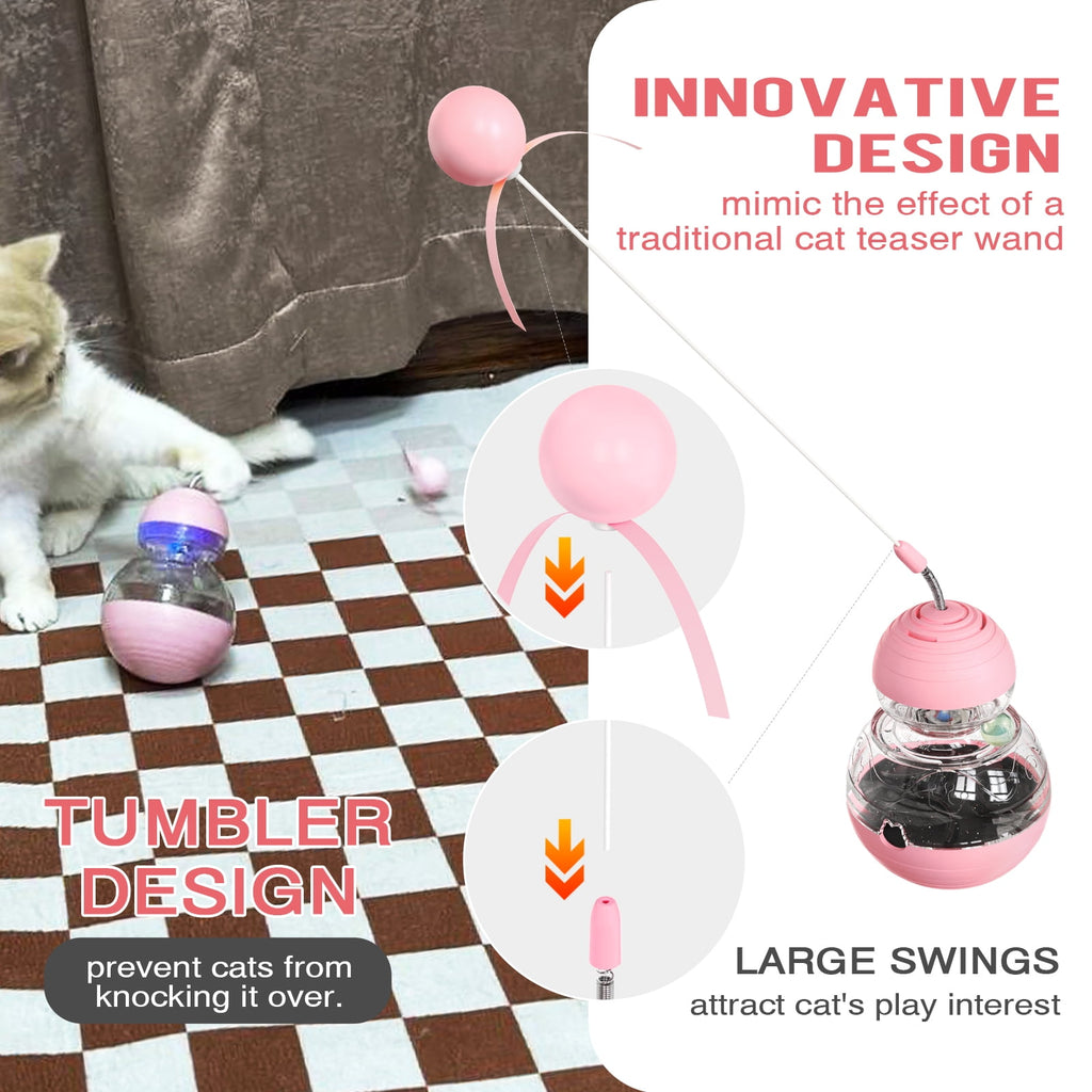 Interactive Cat Toy, Gourd Tumbler Design with Teaser Wand, Glowing Ball,A Durable and Safe Treat Dispenser-Ideal Gift for Kitten Exercise and Boredom Relief,Pink