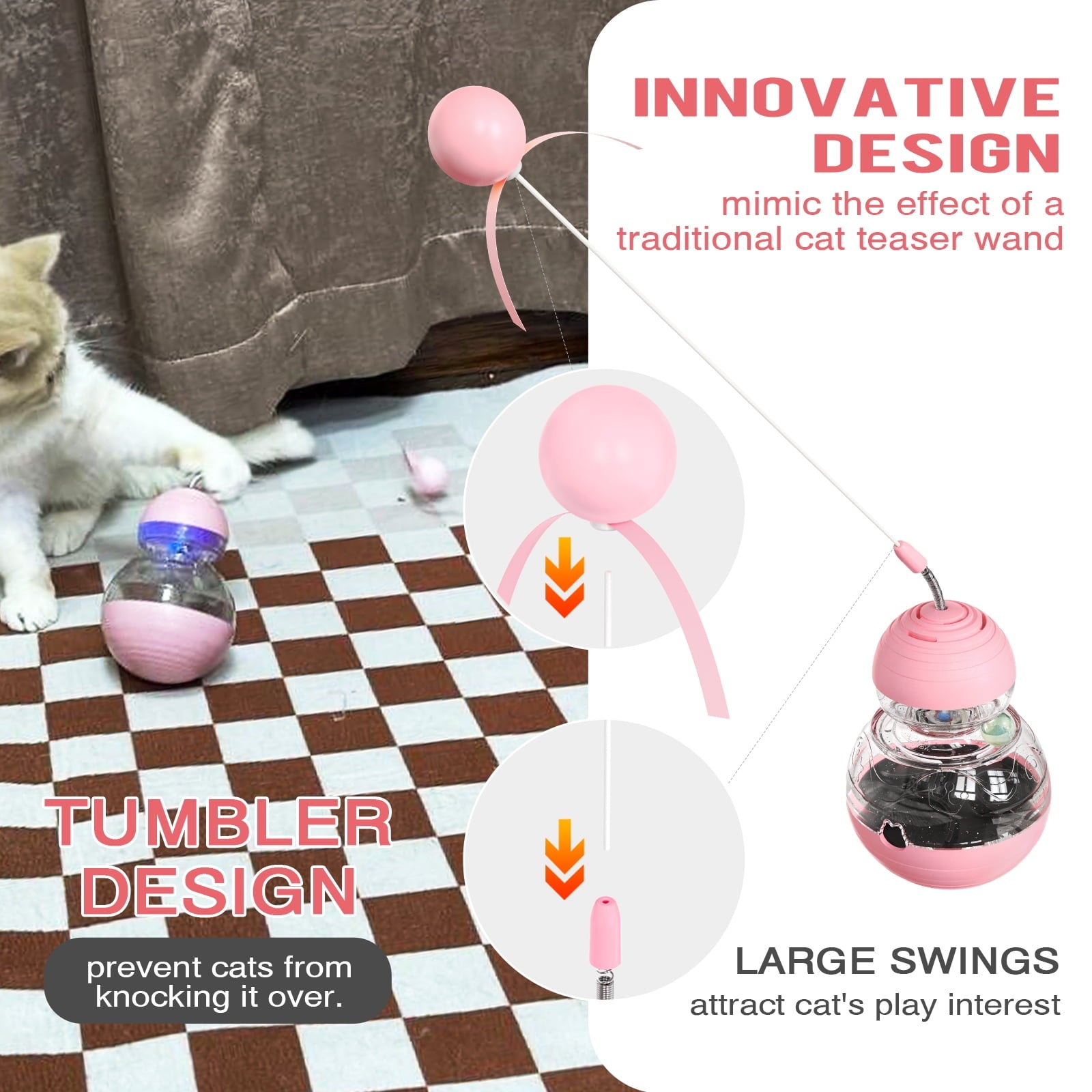 Interactive Cat Toy, Gourd Tumbler Design with Teaser Wand, Glowing Ball,A Durable and Safe Treat Dispenser-Ideal Gift for Kitten Exercise and Boredom Relief,Pink