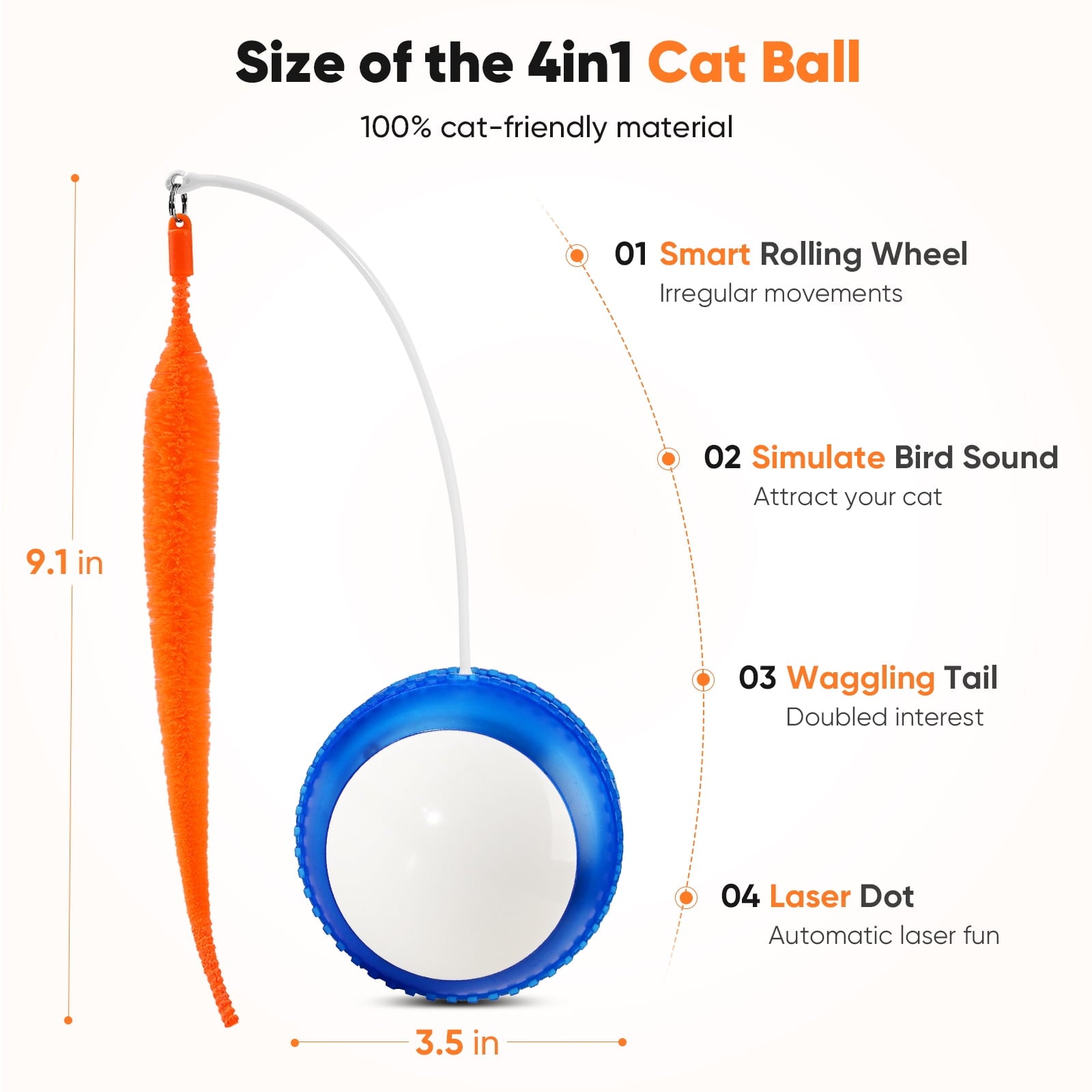 Petbobi Interactive Cat Toy Ball - Automatic Rolling & Laser Cat Toys with 2 Fluffy Mice Tail, USB Rechargeable, Motion Activated Moving Ball Toy for Indoor