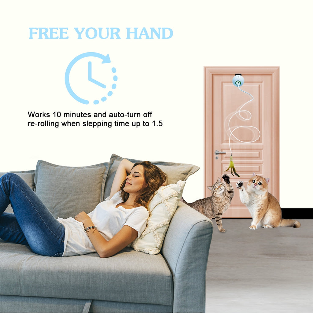 Lvelia Cat Toys Hanging Door Automatic Cat Toy Interactive Elastic Rope with Feather,Cat Catching Game Door Hanger,Self Play Cat Toys,Blue