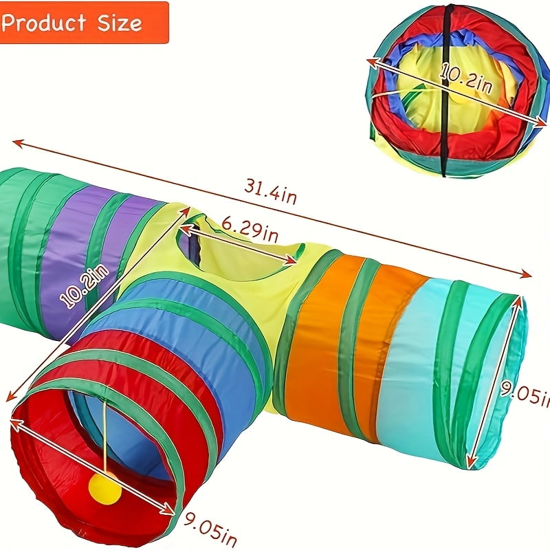 [Rainbow Cat Tunnel] 3-Way Collapsible Cat Tunnel - S-Shaped Tubes With Ball & Peek Holes - Rainbow Colors, Foldable Design And Connectable