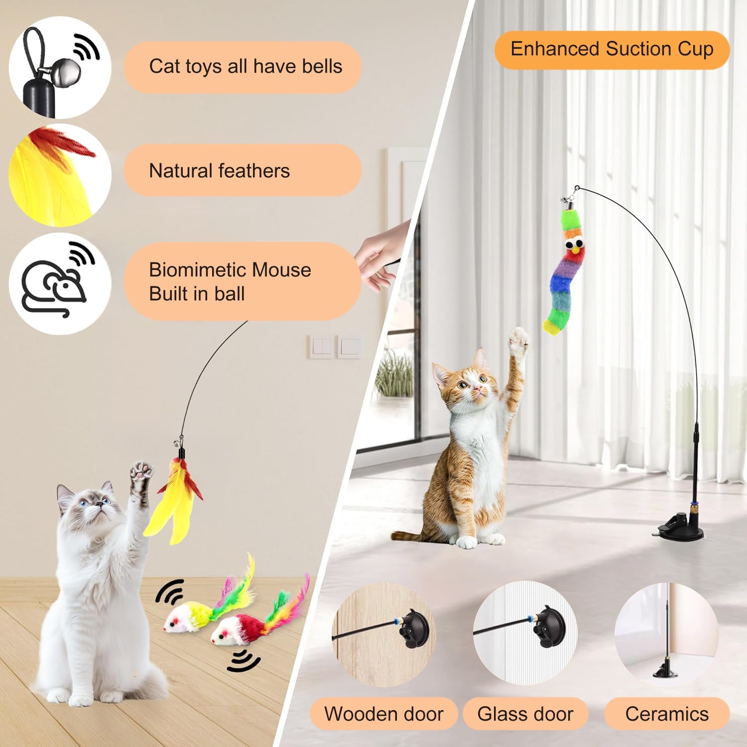 PayUSD 4-in-1 Interactive Cat Feather Toys, 17Pcs Durable Fishing Pole Cat Feather Toy Replacements,Enhanced Suction Cup Cat Wand Toy,2 Types Door Hanging Cat String Toy for Indoor Kitten Cats