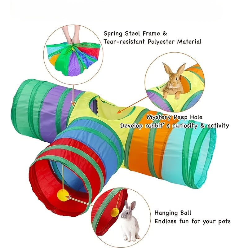 [Rainbow Cat Tunnel] 3-Way Collapsible Cat Tunnel - S-Shaped Tubes With Ball & Peek Holes - Rainbow Colors, Foldable Design And Connectable