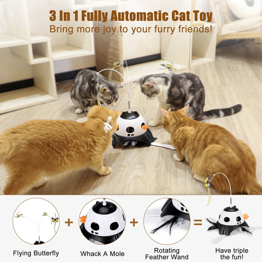 3 in 1 Indoor Interactive Cat Toys,FurLove Smart Cat Rotating Feather Wand,Fluttering Butterfly,Electronic Whack A Mole for Indoor Cats