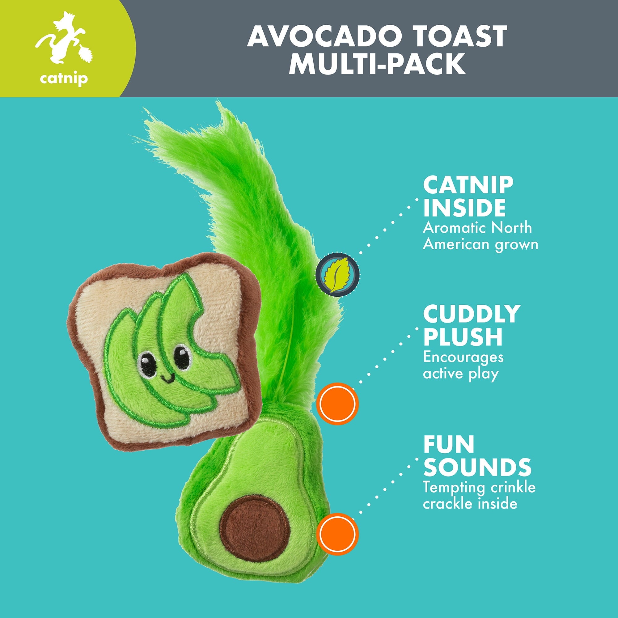 Quirky Kitty Avocado Toast Catnip Interactive Plush Cat Toy, Multicolor, Pack of 2