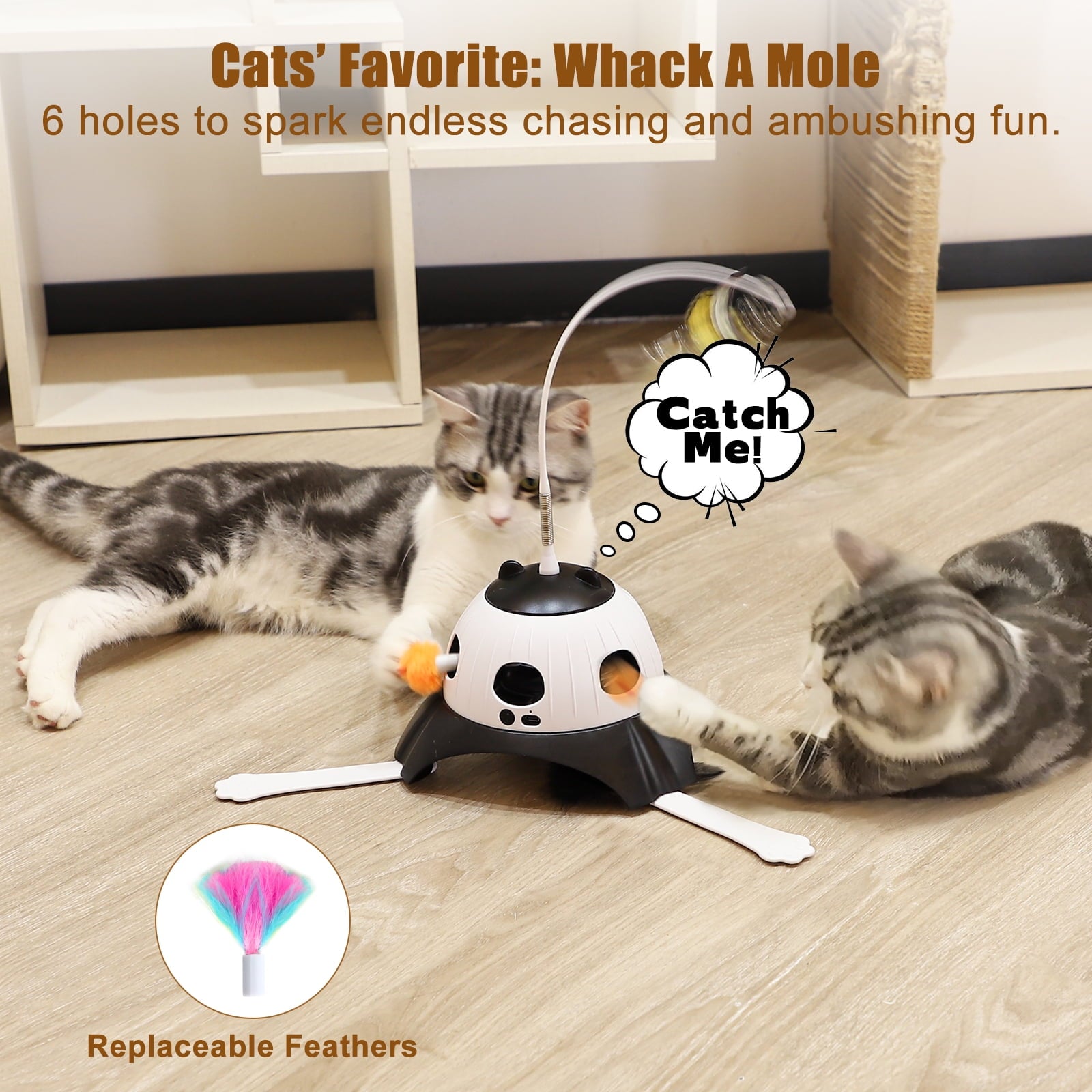 3 in 1 Indoor Interactive Cat Toys,FurLove Smart Cat Rotating Feather Wand,Fluttering Butterfly,Electronic Whack A Mole for Indoor Cats