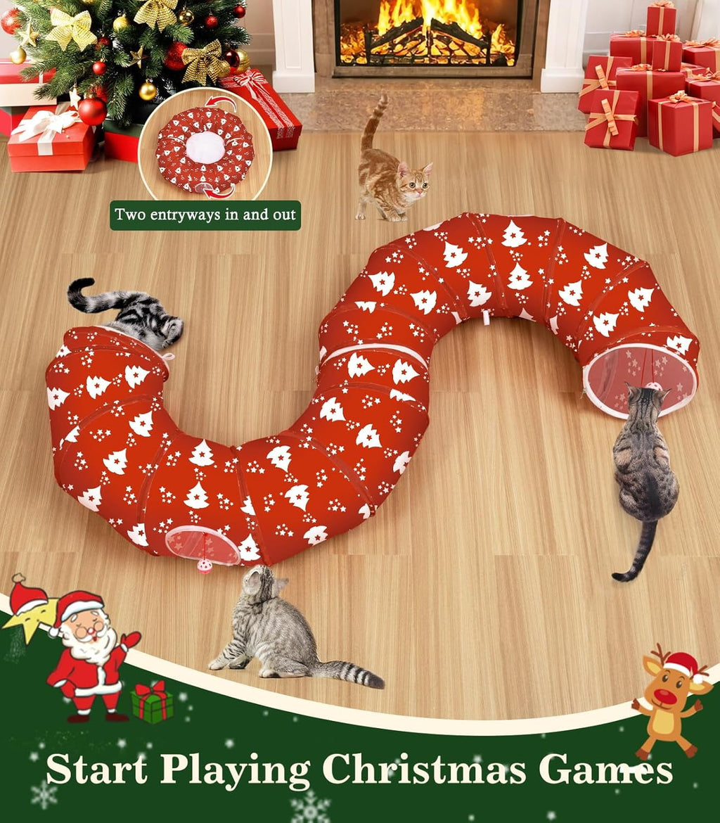 Pawaboo Cat Tunnel Bed Under Christmas Tree, 35.4'' Christmas Cat Toy Circle Tunnel with Toy Ball, Decorative Christmas Festive Foldable Kitty Tube Tunnel for Cat Small Animal (Red Xmas Tree)