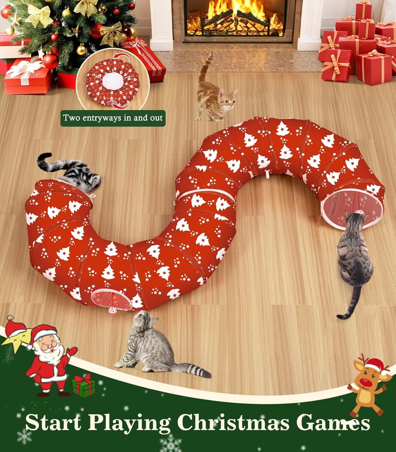 Pawaboo Cat Tunnel Bed Under Christmas Tree, 35.4'' Christmas Cat Toy Circle Tunnel with Toy Ball, Decorative Christmas Festive Foldable Kitty Tube Tunnel for Cat Small Animal (Red Xmas Tree)