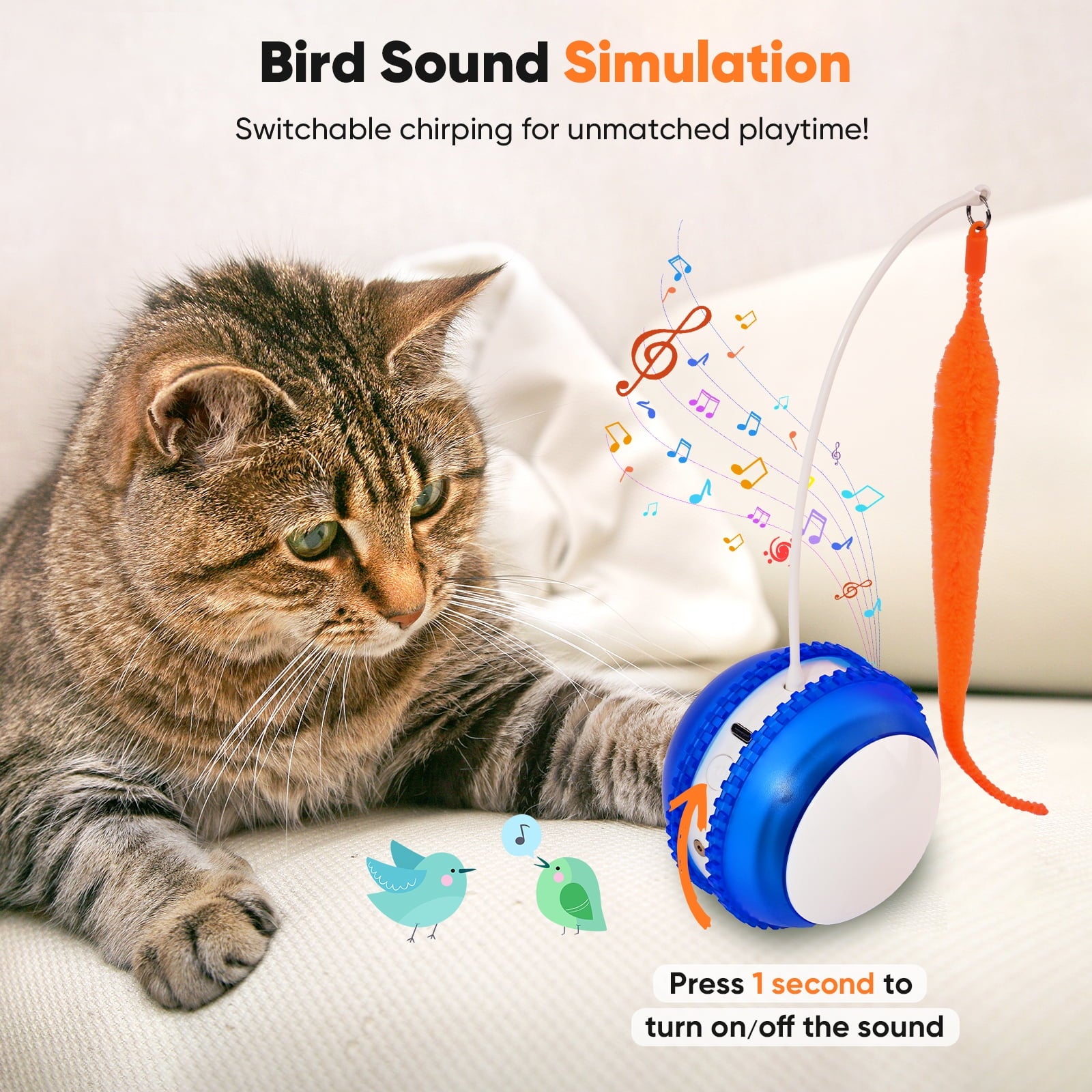 Petbobi Interactive Cat Toy Ball - Automatic Rolling & Laser Cat Toys with 2 Fluffy Mice Tail, USB Rechargeable, Motion Activated Moving Ball Toy for Indoor