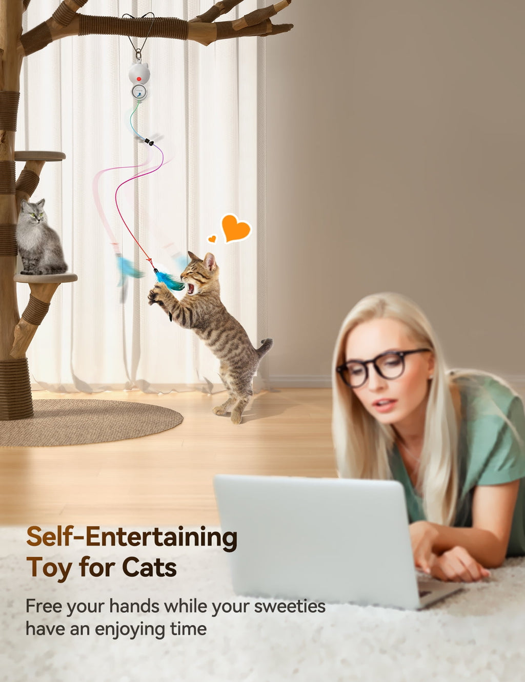 FeelNeedy Interactive Cat Toys for Indoor Cats, 2 in 1 Automatic Laser Teaser Cat Toy, USB Rechargeable Self Play Toy for Cats and Kittens, White