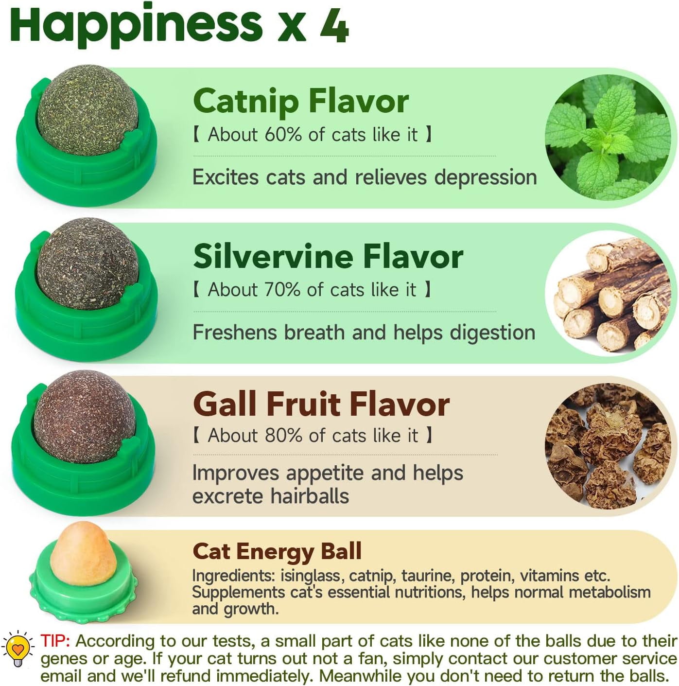 4 Pack Catnip Toys Balls, Extra Cat Energy Ball, Edible Kitten Silvervine Catnip Balls Toys for Lick, Safe Healthy Kitten Teeth Cleaning Dental Chew Toys, Cat Wall Treats