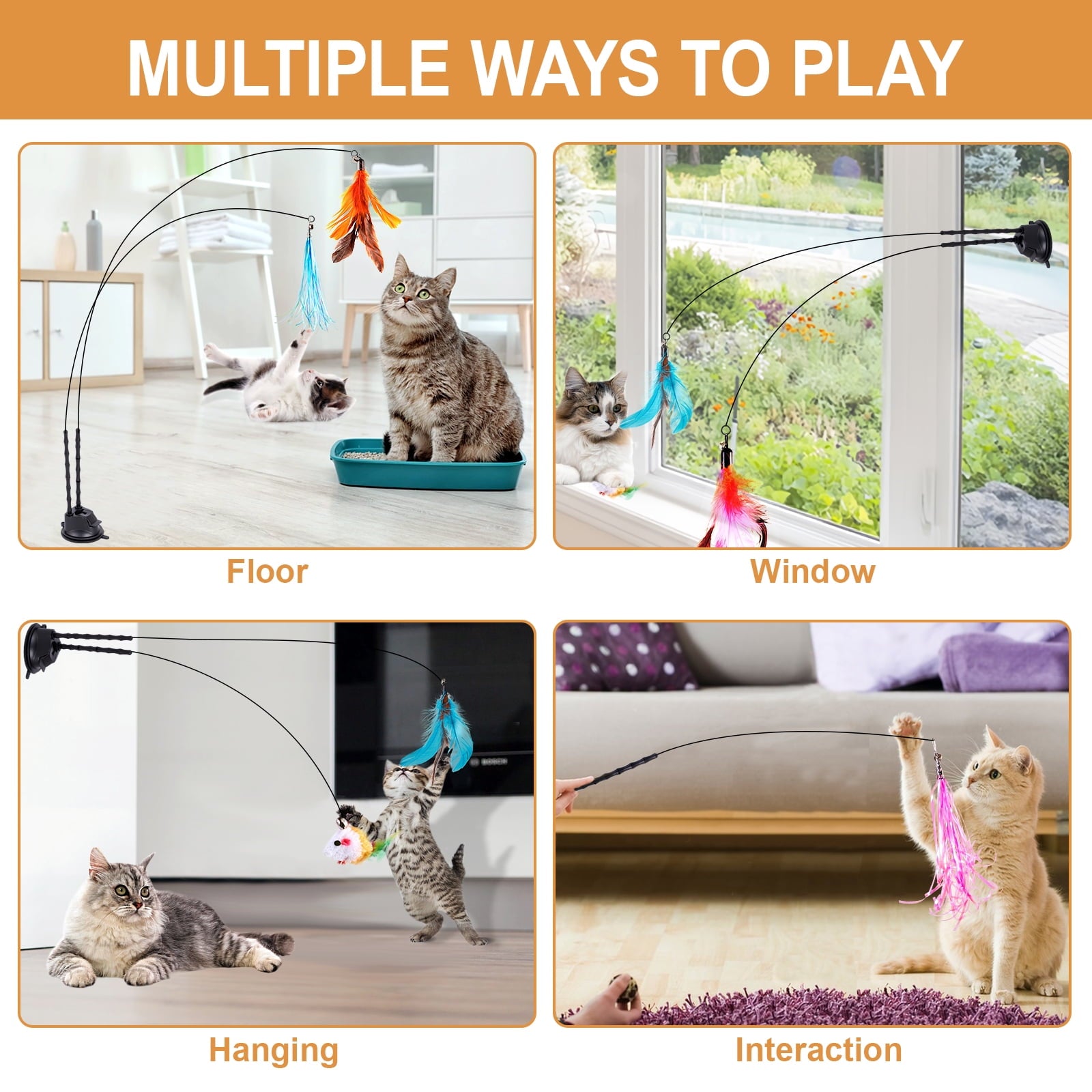 Easy Joy 14pcs Interactive Cat Toys Teaser Wand Feather Toy Double-Hole Suction for Indoor Cats Exercise