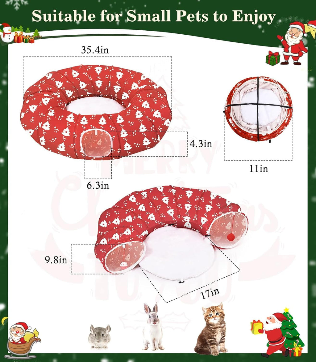 Pawaboo Cat Tunnel Bed Under Christmas Tree, 35.4'' Christmas Cat Toy Circle Tunnel with Toy Ball, Decorative Christmas Festive Foldable Kitty Tube Tunnel for Cat Small Animal (Red Xmas Tree)