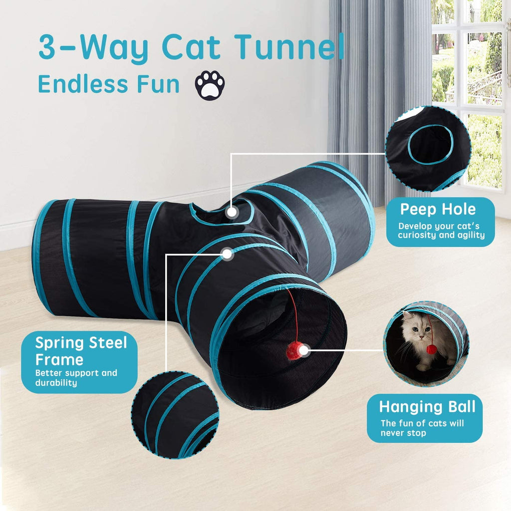 Senhu Pet Cat Tunnel Tube Cat Toys 3 Way Collapsible, Cat Tunnels for Indoor Cats，Kitty Tunnel Bored Cat Pet Toys Peek Hole Toy Ball Cat, Puppy, Kitty, Kitten, Rabbit, Blue