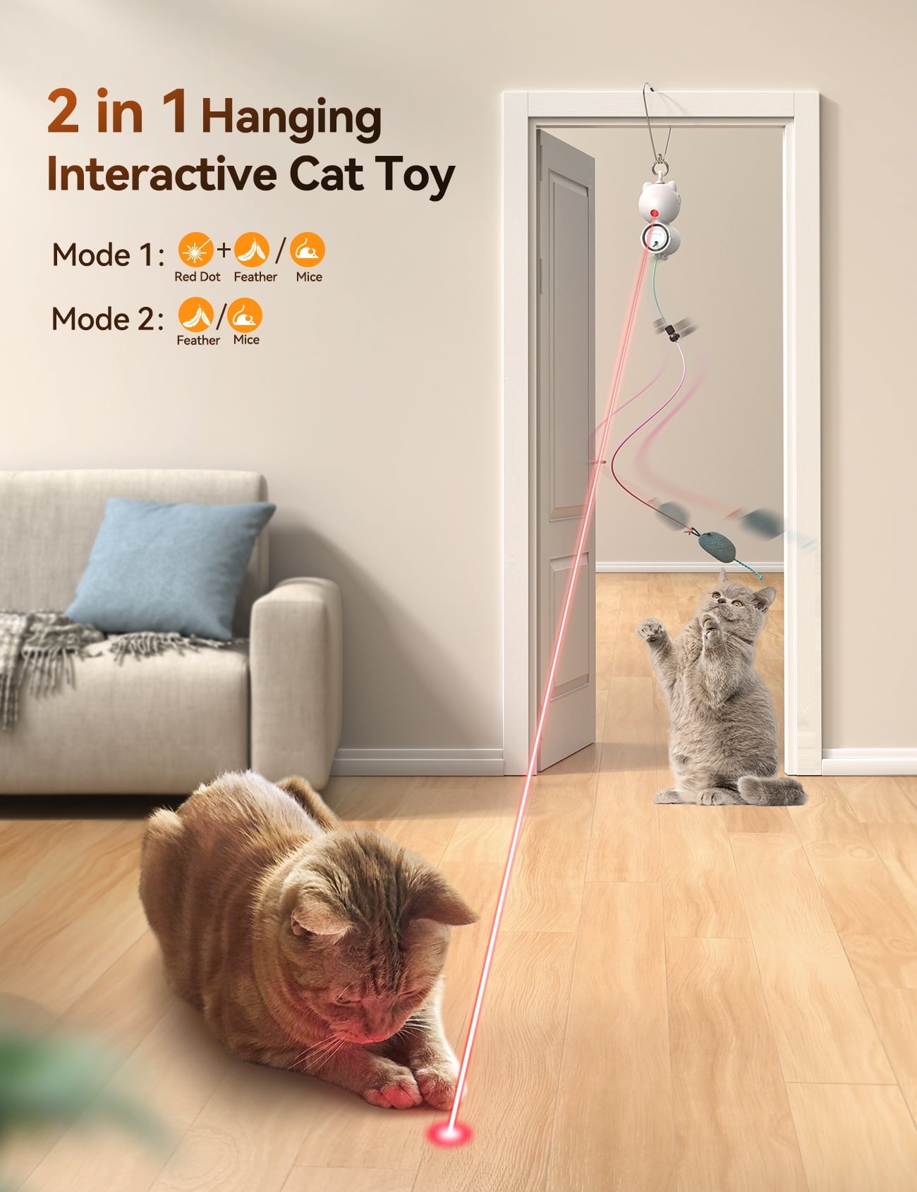 FeelNeedy Interactive Cat Toys for Indoor Cats, 2 in 1 Automatic Laser Teaser Cat Toy, USB Rechargeable Self Play Toy for Cats and Kittens, White