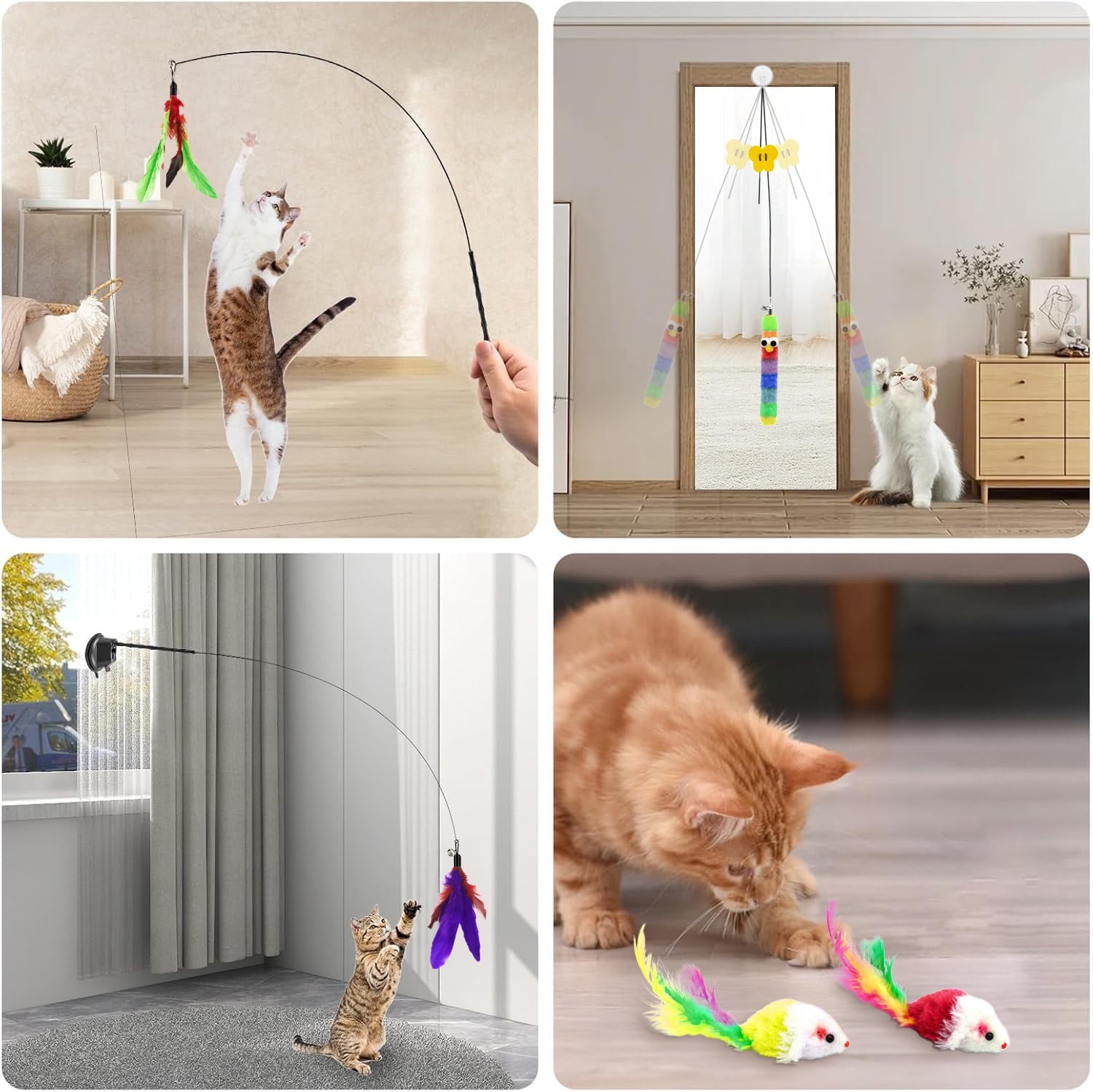 PayUSD 4-in-1 Interactive Cat Feather Toys, 17Pcs Durable Fishing Pole Cat Feather Toy Replacements,Enhanced Suction Cup Cat Wand Toy,2 Types Door Hanging Cat String Toy for Indoor Kitten Cats