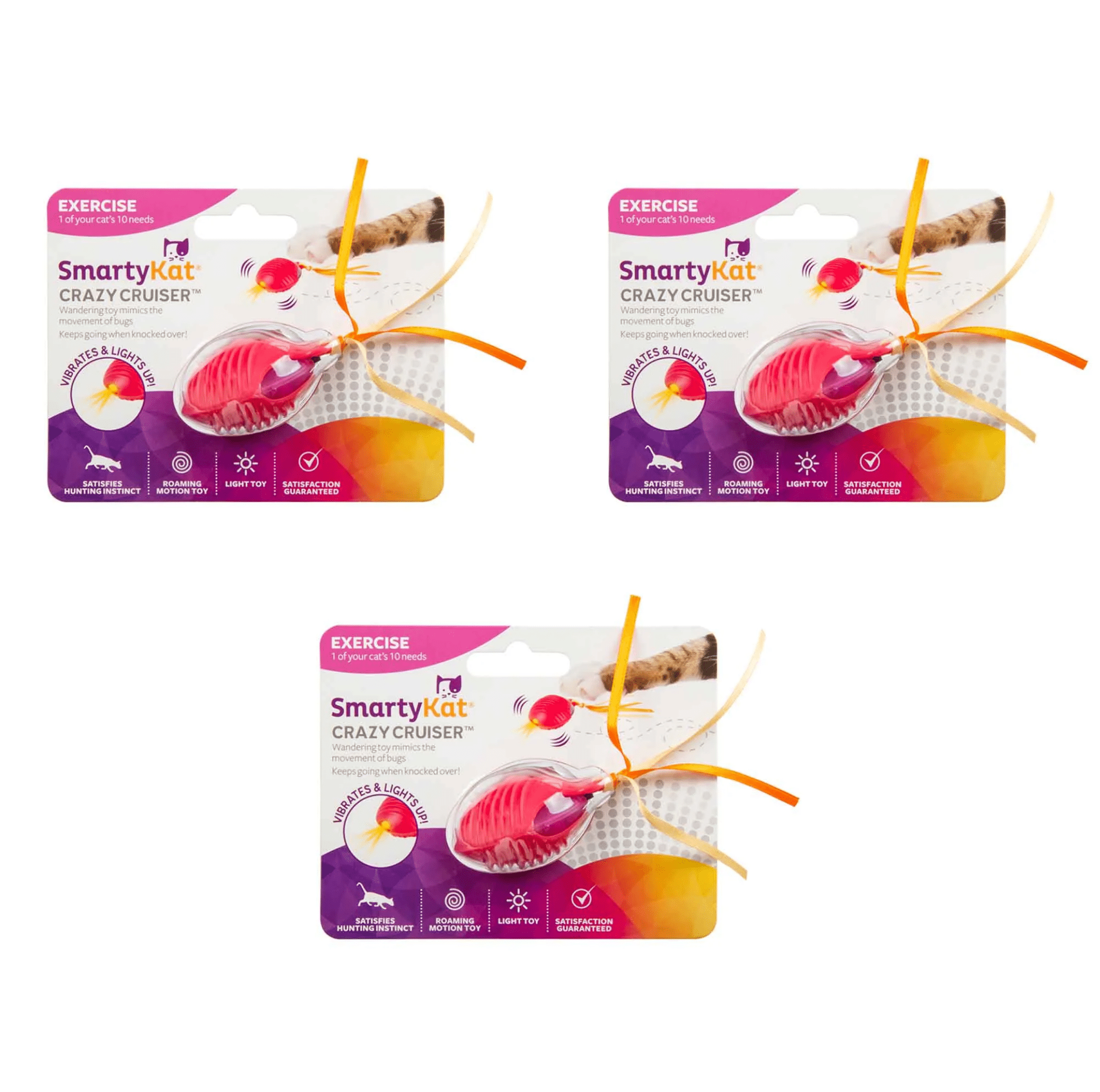 SmartyKat Crazy Cruiser Toy for Indoor Cats & Kittens, Electronic Motion Toy, Vibration Mimics Bugs & Satisfies Hunting Instincts, 3-Pack