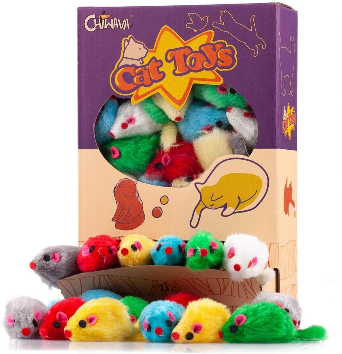 Chiwava 36PCS 4.1'' Furry Cat Toy Mice Rattle Small Mouse Kitten Interactive Play Assorted Color