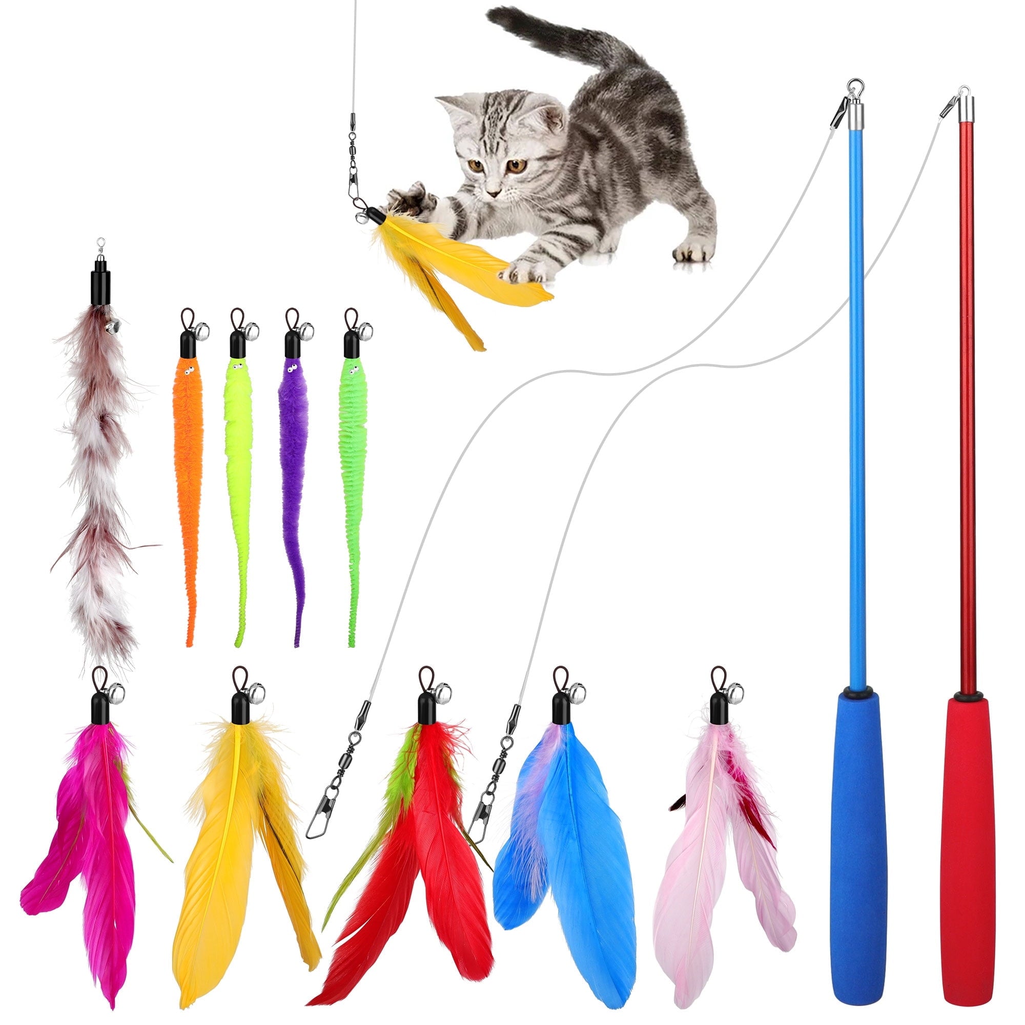 EEEkit 12pcs Cat Wand Toys, Teaser Cat Toys Wand Refill Attachments for Indoor Cats and Kittens