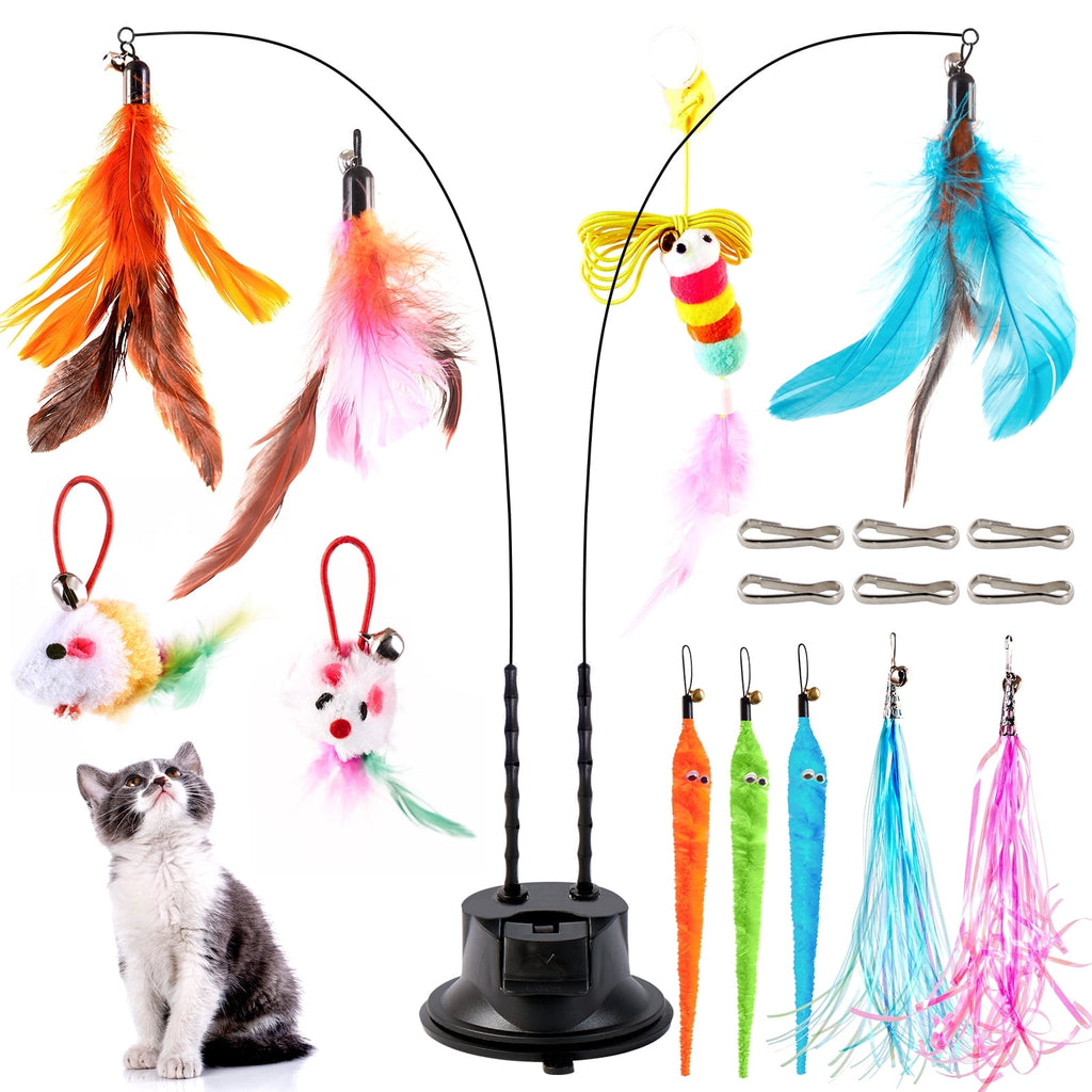 Easy Joy 14pcs Interactive Cat Toys Teaser Wand Feather Toy Double-Hole Suction for Indoor Cats Exercise