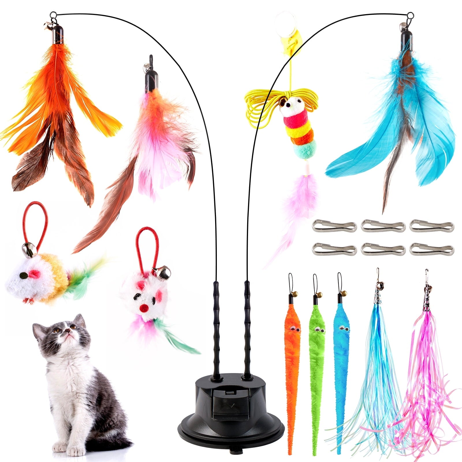 Easy Joy 14pcs Interactive Cat Toys Teaser Wand Feather Toy Double-Hole Suction for Indoor Cats Exercise