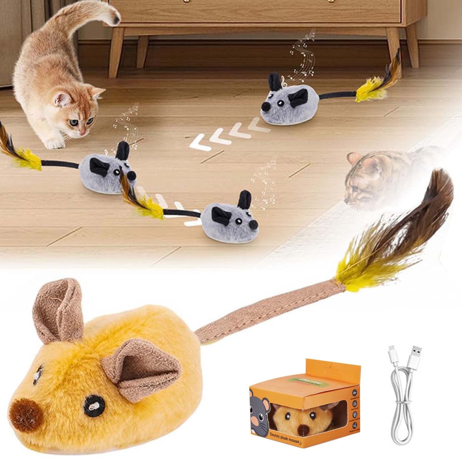 Hesai Interactive Cat Toys Mouse for Indoor Cats Rechargeable LED Cat Mouse Toy Feather Bell Tail Lifelike Electric Automatic Moving Mouse Cat Toy for All Breeds Cat Boredom Exercise-Yellow