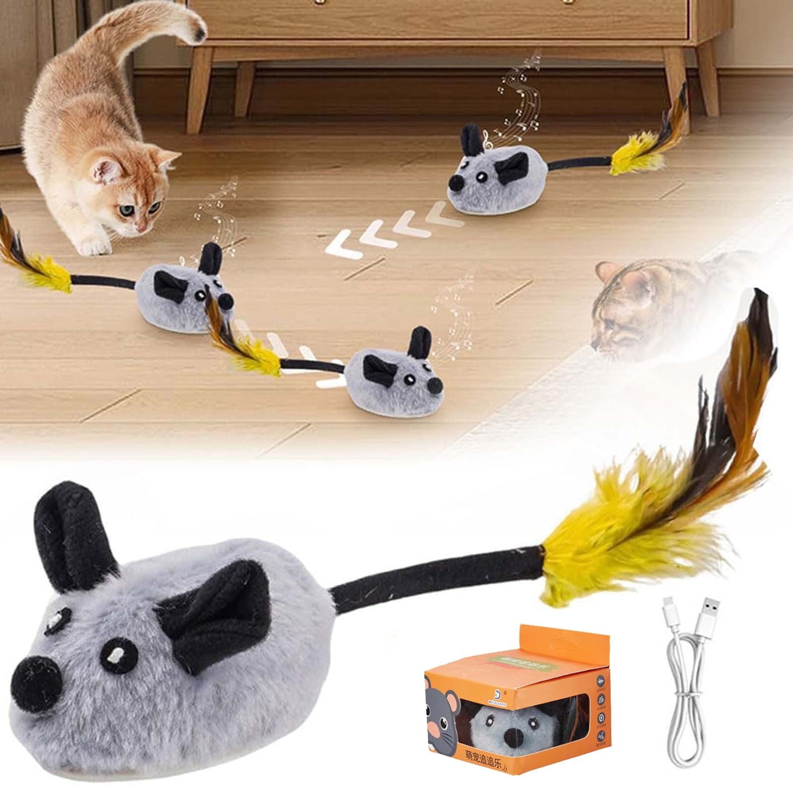 Hesai Interactive Cat Toys Mouse for Indoor Cats Rechargeable LED Cat Mouse Toy Feather Bell Tail Lifelike Electric Automatic Moving Mouse Cat Toy for All Breeds Cat Boredom Exercise-Yellow