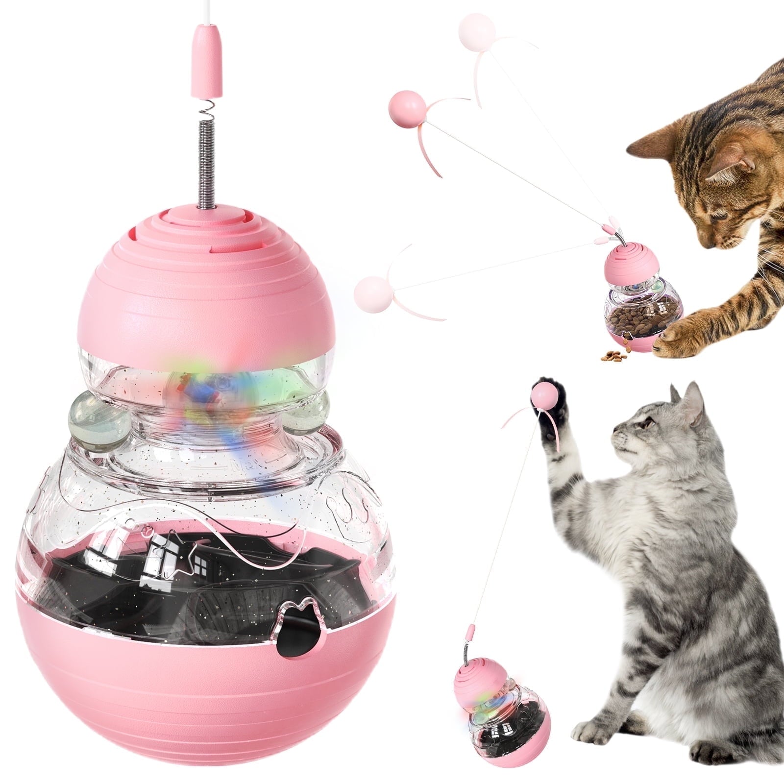 Interactive Cat Toy, Gourd Tumbler Design with Teaser Wand, Glowing Ball,A Durable and Safe Treat Dispenser-Ideal Gift for Kitten Exercise and Boredom Relief,Pink