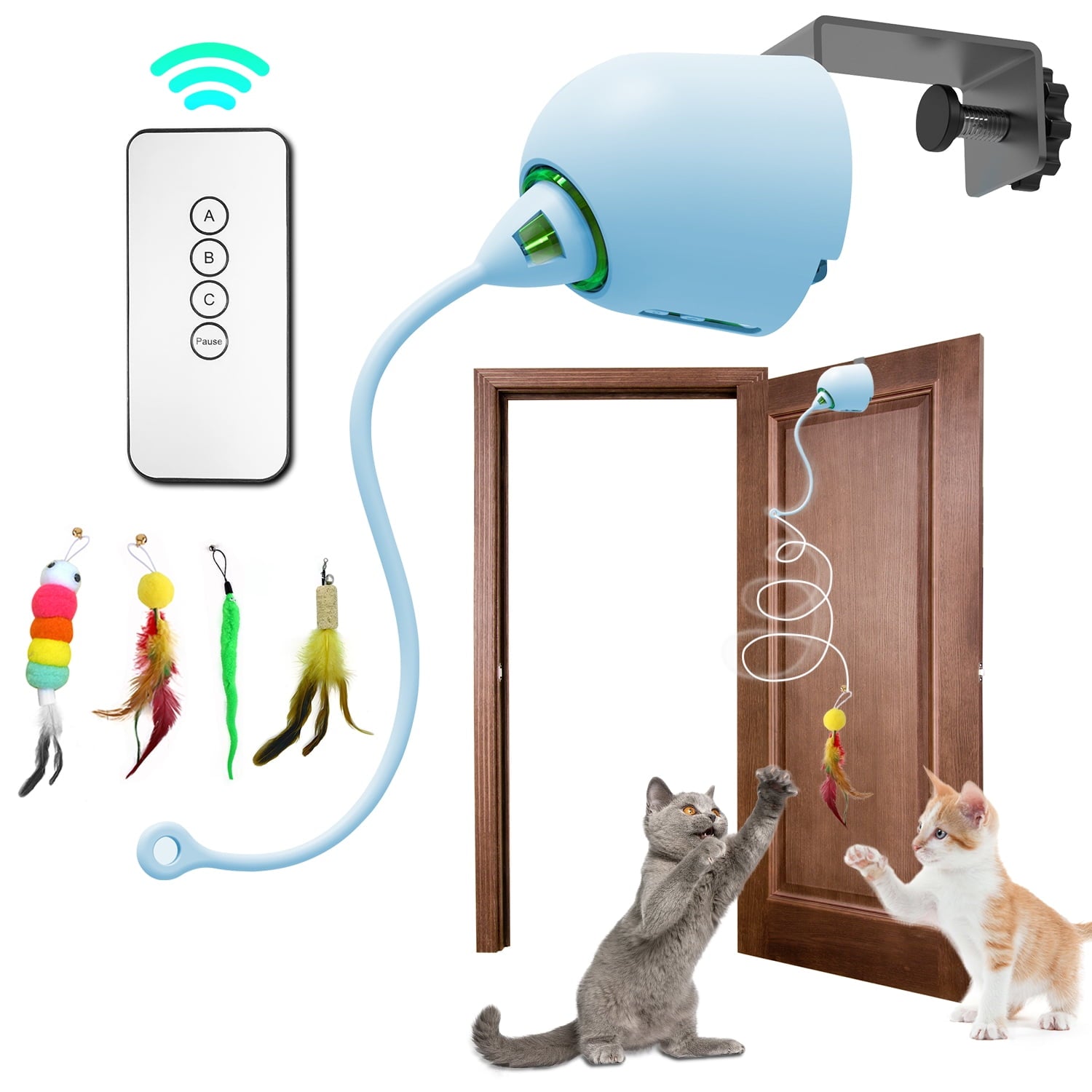 Lvelia Cat Toys Hanging Door Automatic Cat Toy Interactive Elastic Rope with Feather,Cat Catching Game Door Hanger,Self Play Cat Toys,Blue