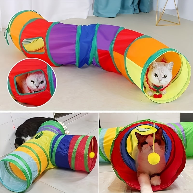 [Rainbow Cat Tunnel] 3-Way Collapsible Cat Tunnel - S-Shaped Tubes With Ball & Peek Holes - Rainbow Colors, Foldable Design And Connectable