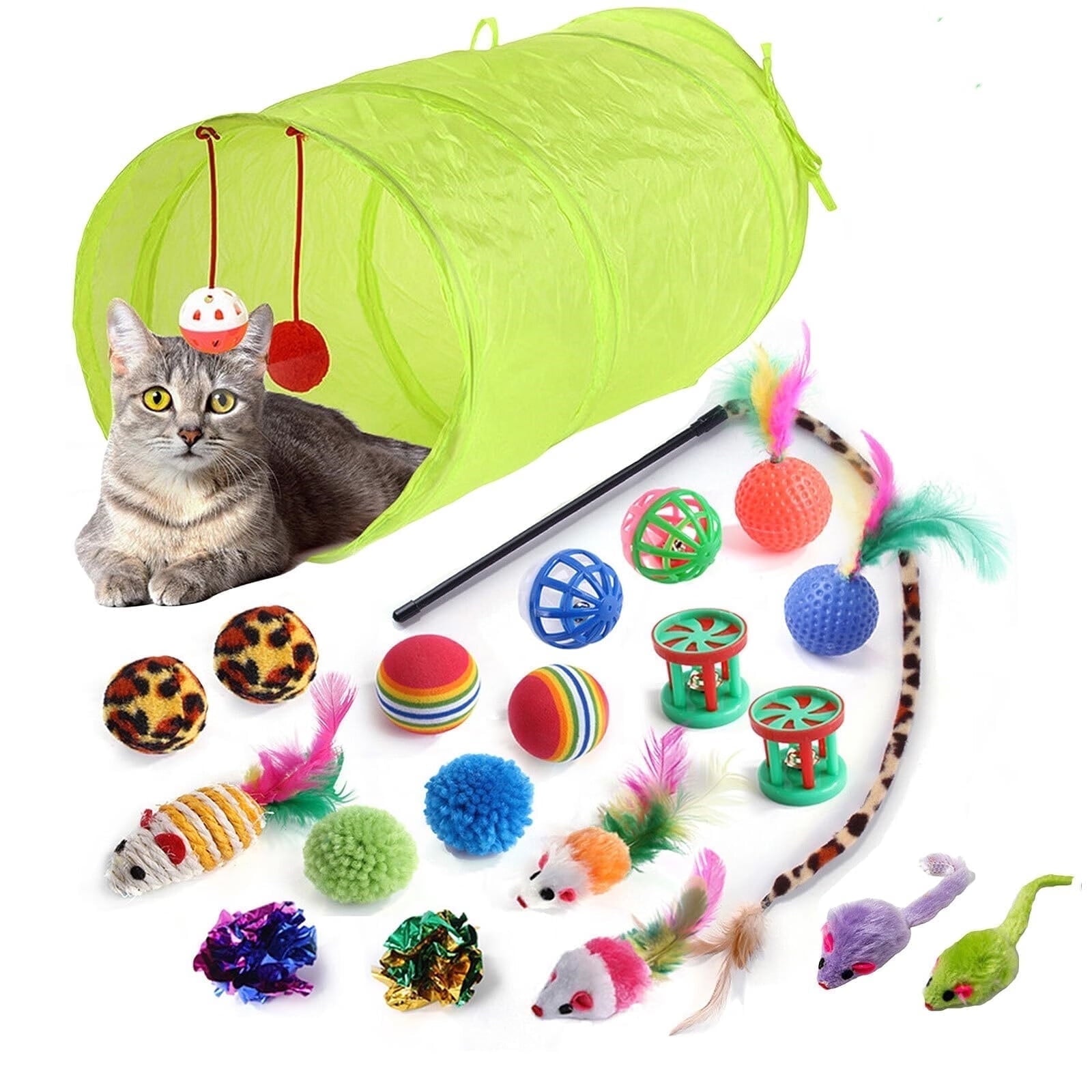 ZOUYUE 21 PCS Assortments Cat Toys Set- Cat Tunnel,Cat Spring,Feather Teaser,Mice,Colorful Balls & Bells.Perfect for Kittens,Cats,and Puppies