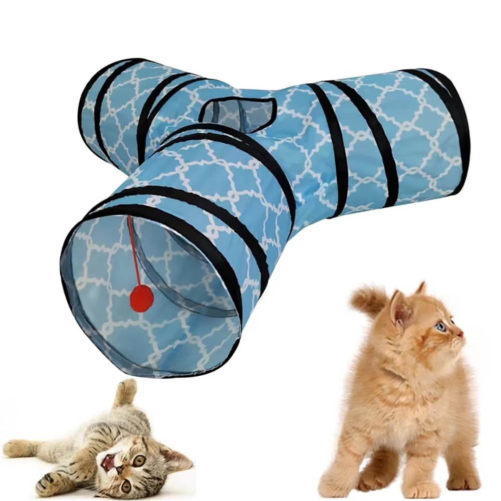 Senhu Pet Cat Tunnel Tube Cat Toys 3 Way Collapsible, Cat Tunnels for Indoor Cats，Kitty Tunnel Bored Cat Pet Toys Peek Hole Toy Ball Cat, Puppy, Kitty, Kitten, Rabbit, Blue