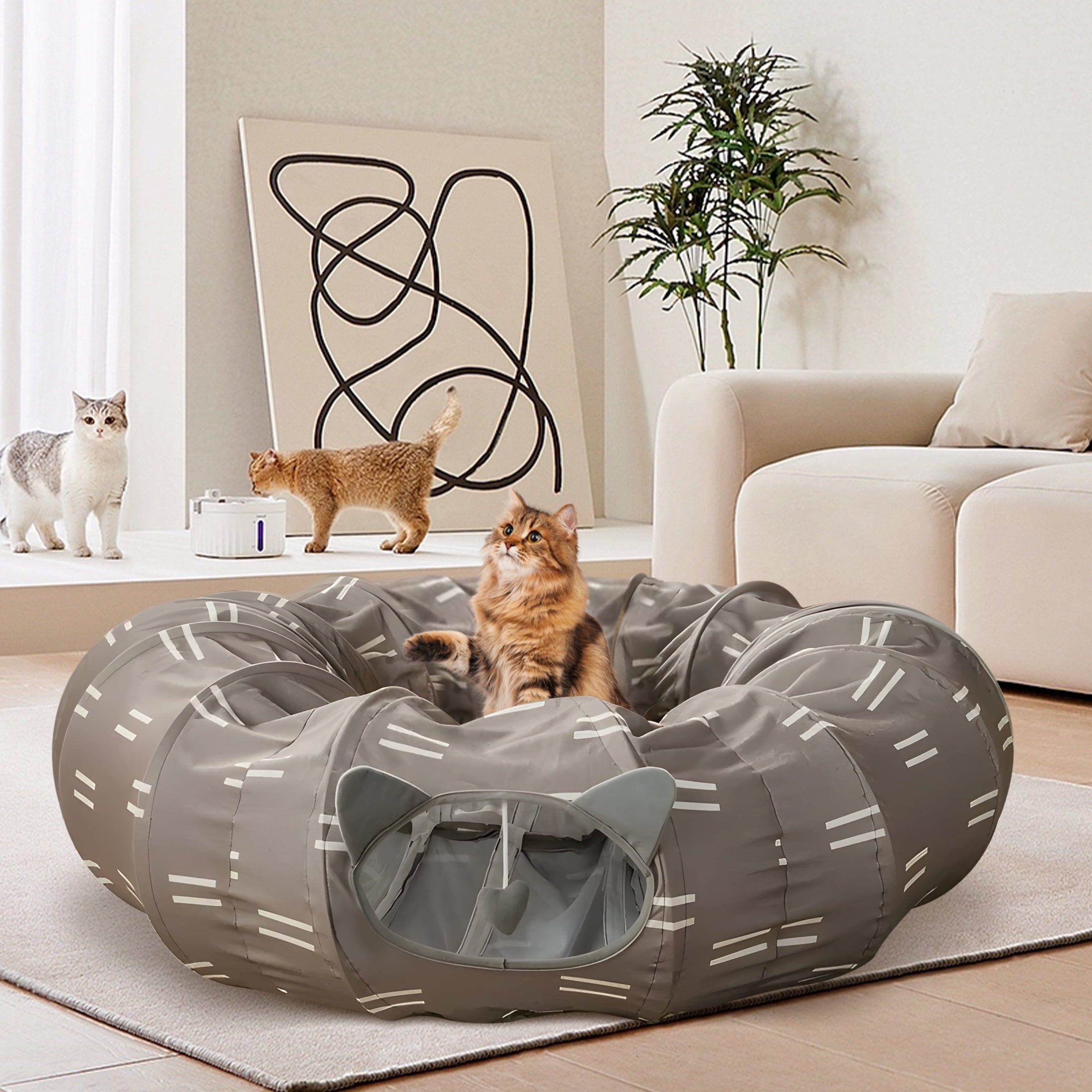 Onekawa Cat Tunnel Bed,3 in 1 Cat Donut Bed,Fluffy Toy Balls,with Cushion Peephole and Cat Ear for Cats, Puppy, Rabbit