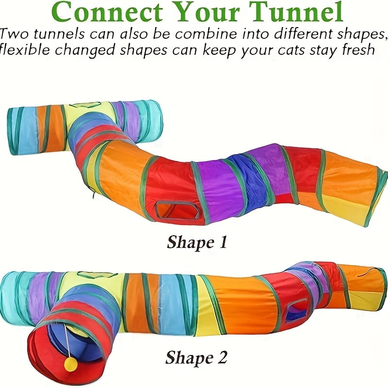 [Rainbow Cat Tunnel] 3-Way Collapsible Cat Tunnel - S-Shaped Tubes With Ball & Peek Holes - Rainbow Colors, Foldable Design And Connectable
