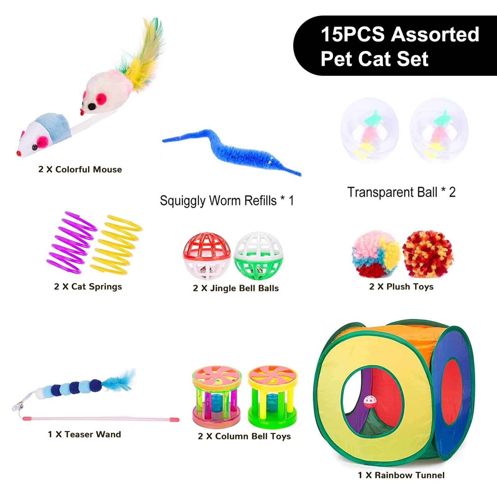 Tripumer 15PCS Cat Toys Kitten Toys Combination Tunnel Interactive Cat Toys Cat Tunnel Tease Cat Stick Colorful Mouse Plush Ball Bell Ball for Cats