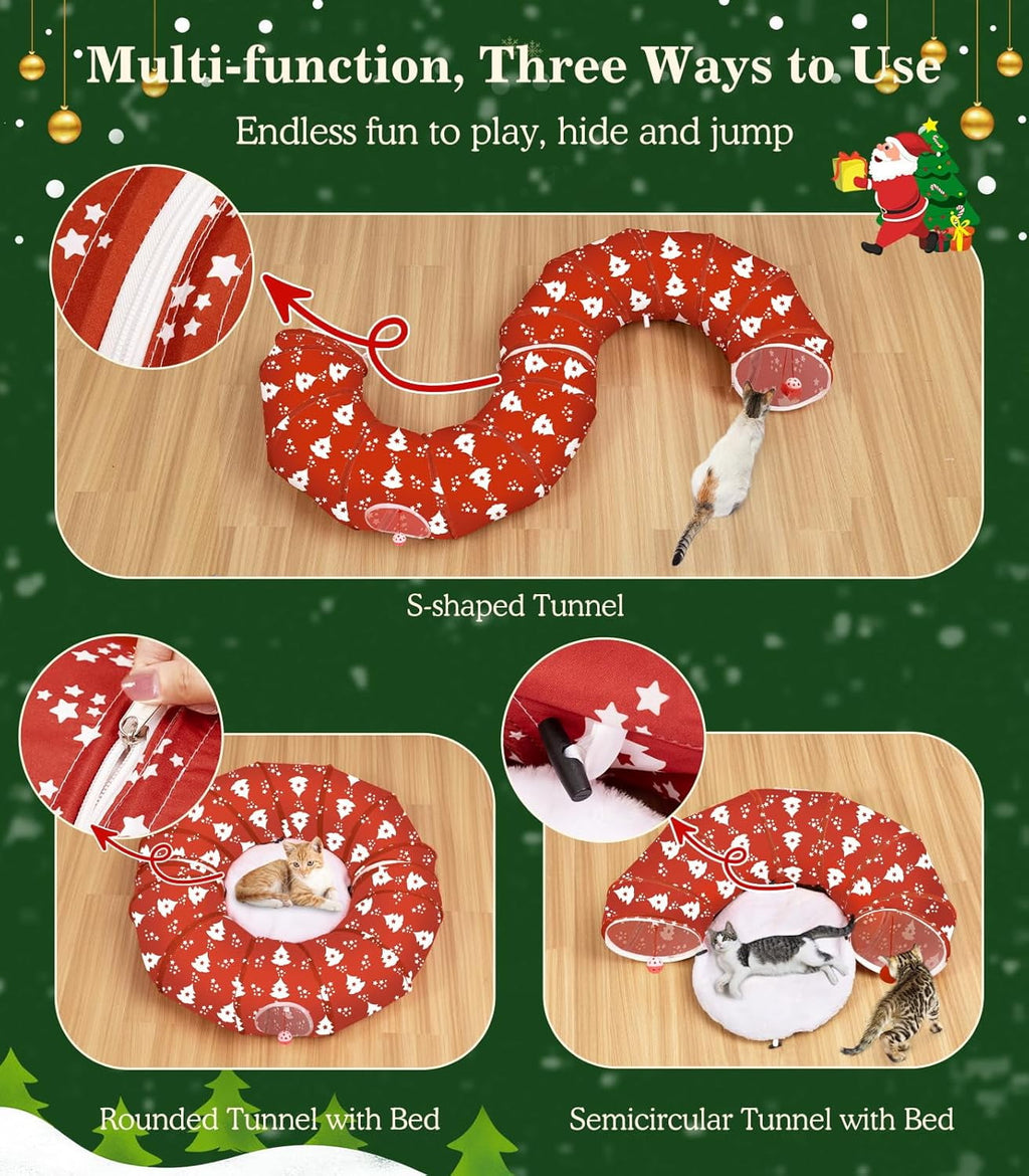 Pawaboo Cat Tunnel Bed Under Christmas Tree, 35.4'' Christmas Cat Toy Circle Tunnel with Toy Ball, Decorative Christmas Festive Foldable Kitty Tube Tunnel for Cat Small Animal (Red Xmas Tree)