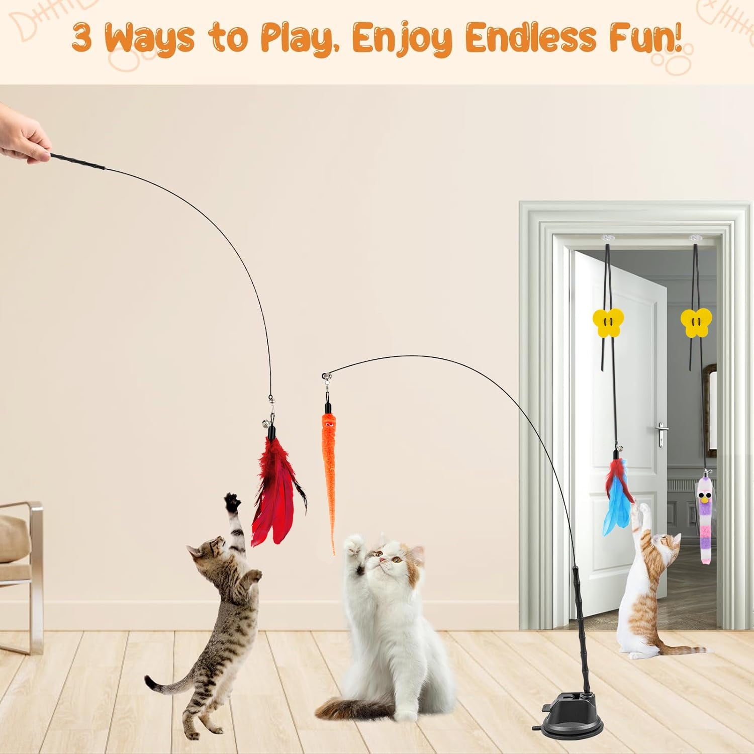 PayUSD 4-in-1 Interactive Cat Feather Toys, 17Pcs Durable Fishing Pole Cat Feather Toy Replacements,Enhanced Suction Cup Cat Wand Toy,2 Types Door Hanging Cat String Toy for Indoor Kitten Cats