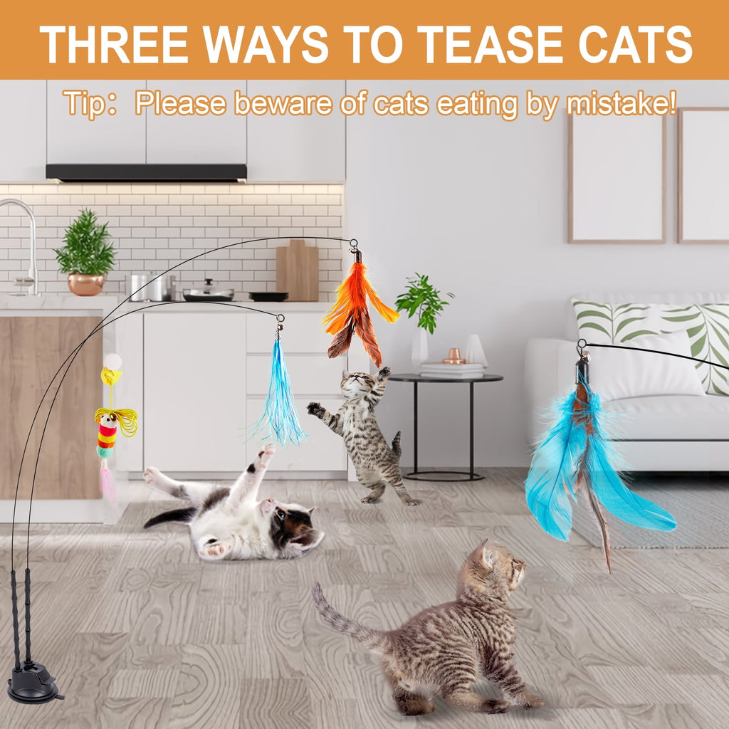 Easy Joy 14pcs Interactive Cat Toys Teaser Wand Feather Toy Double-Hole Suction for Indoor Cats Exercise