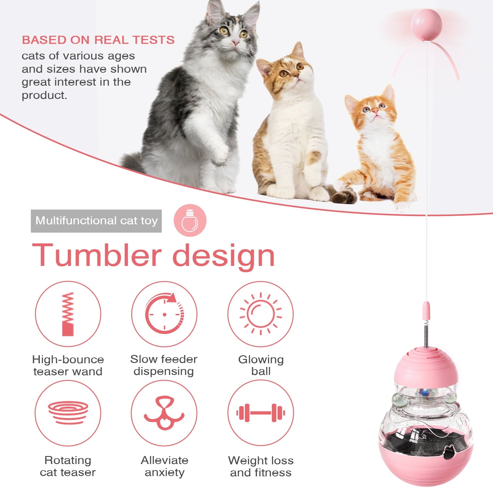 Interactive Cat Toy, Gourd Tumbler Design with Teaser Wand, Glowing Ball,A Durable and Safe Treat Dispenser-Ideal Gift for Kitten Exercise and Boredom Relief,Pink