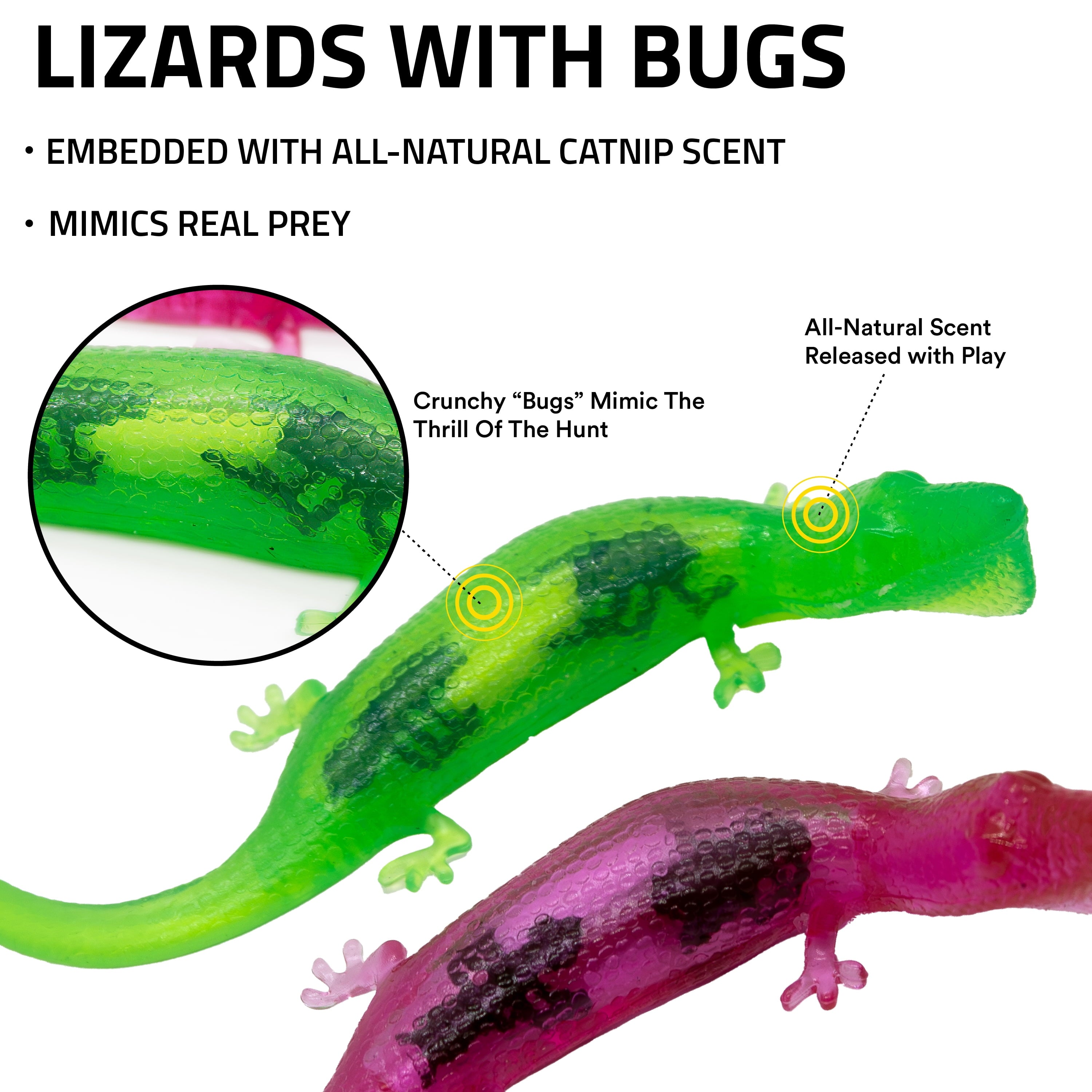 Playology Cat Toys | Catnip Infused Durable Rubber Lizard with Bugs, 2-Pack