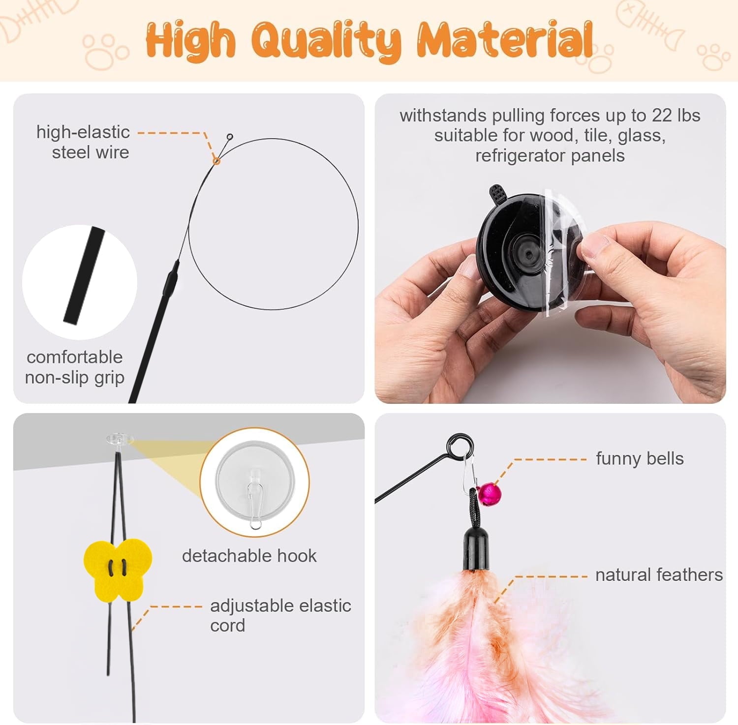 PayUSD 4-in-1 Interactive Cat Feather Toys, 17Pcs Durable Fishing Pole Cat Feather Toy Replacements,Enhanced Suction Cup Cat Wand Toy,2 Types Door Hanging Cat String Toy for Indoor Kitten Cats