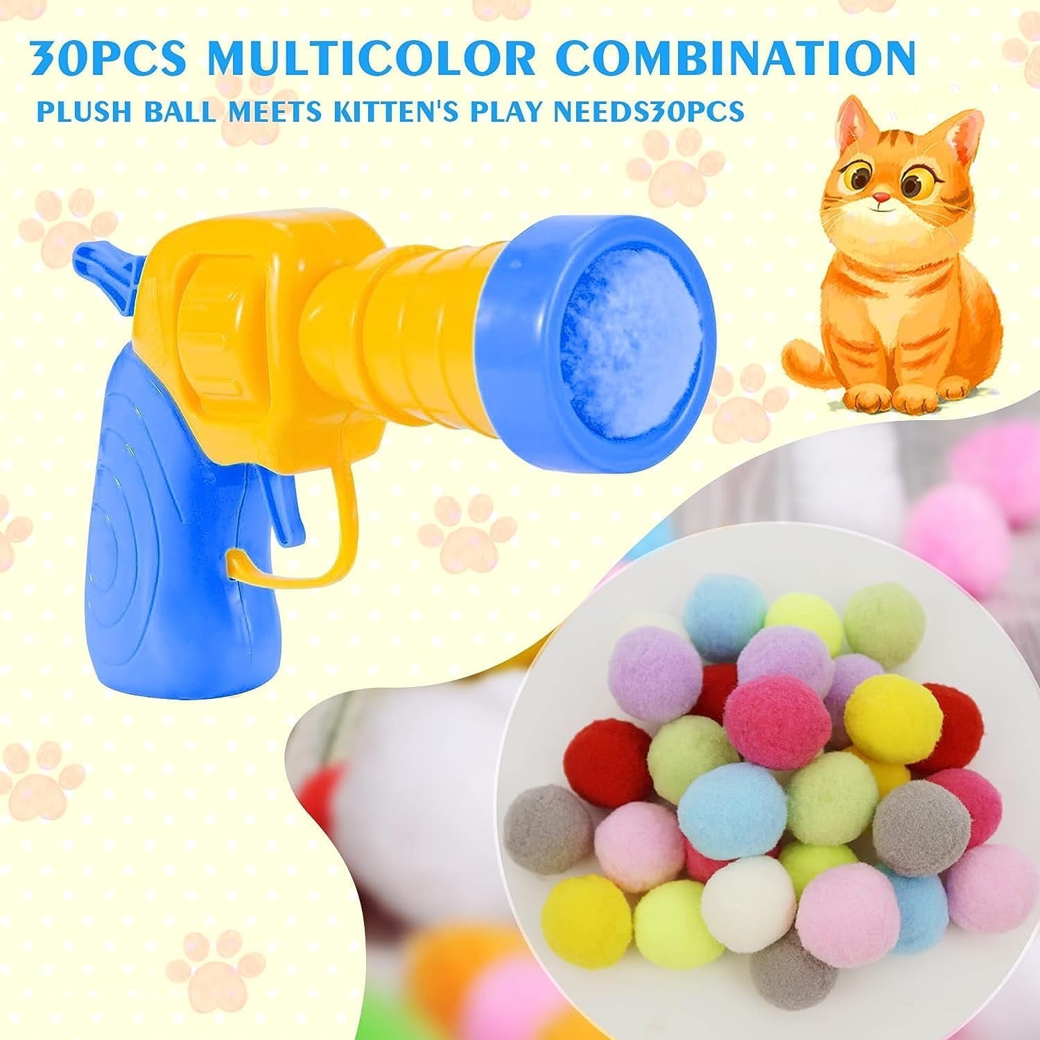 Cat Toys Interactive for Indoor Cats Kitty Toys Cat Toys for Indoor Cats Self Play Cat Ball Toy Pom Pom Balls Plush Ball Launcher for Cats Puff Balls Cat Enrichment Toys 50 Balls